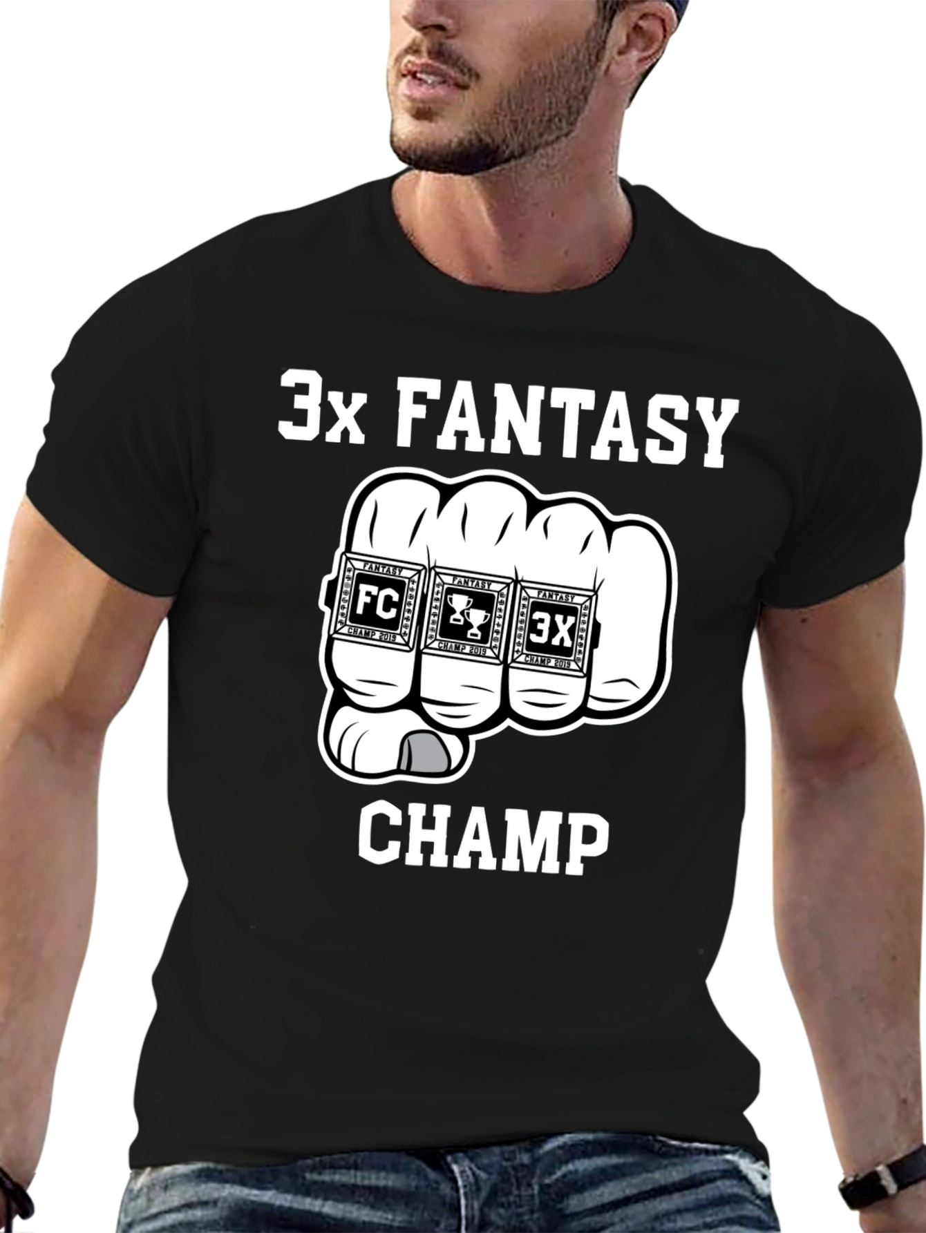 3x Fantasy Champ T-Shirt - Black Cotton Graphic Tee