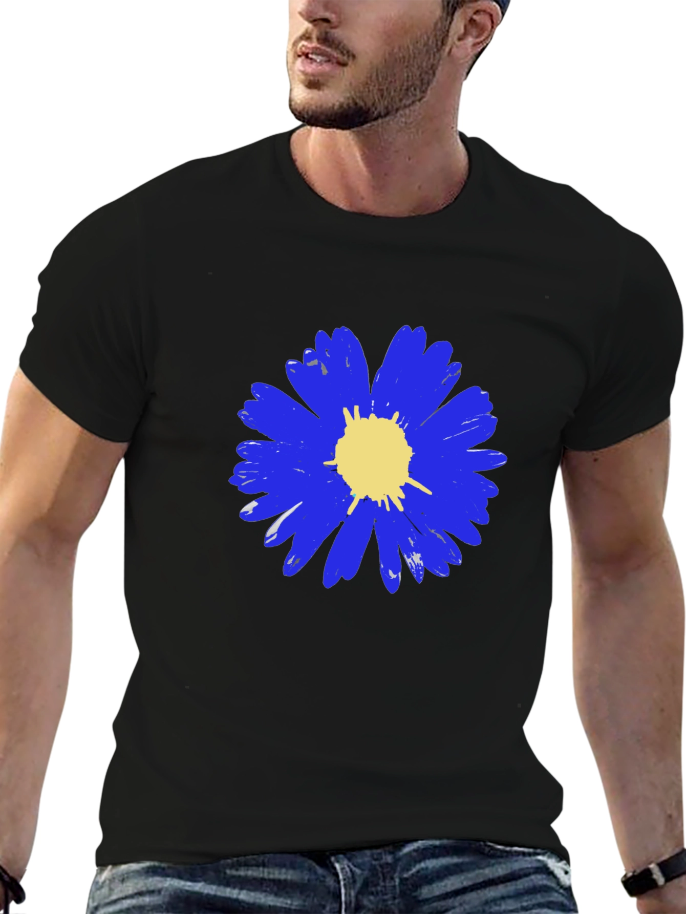 Blue Daisy Graphic Tee - Mens Black T-Shirt