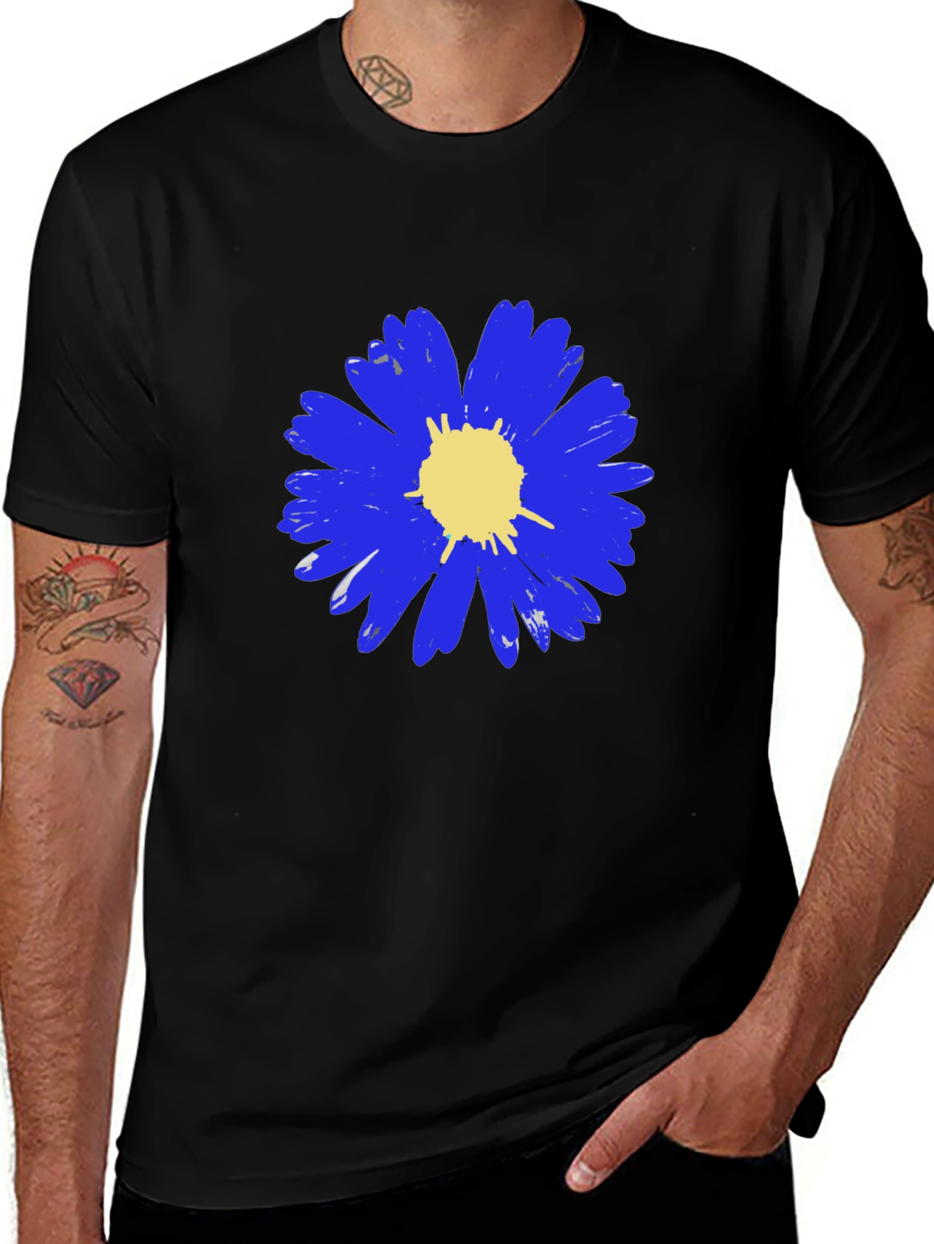 Blue Daisy Graphic Tee - Mens Black T-Shirt