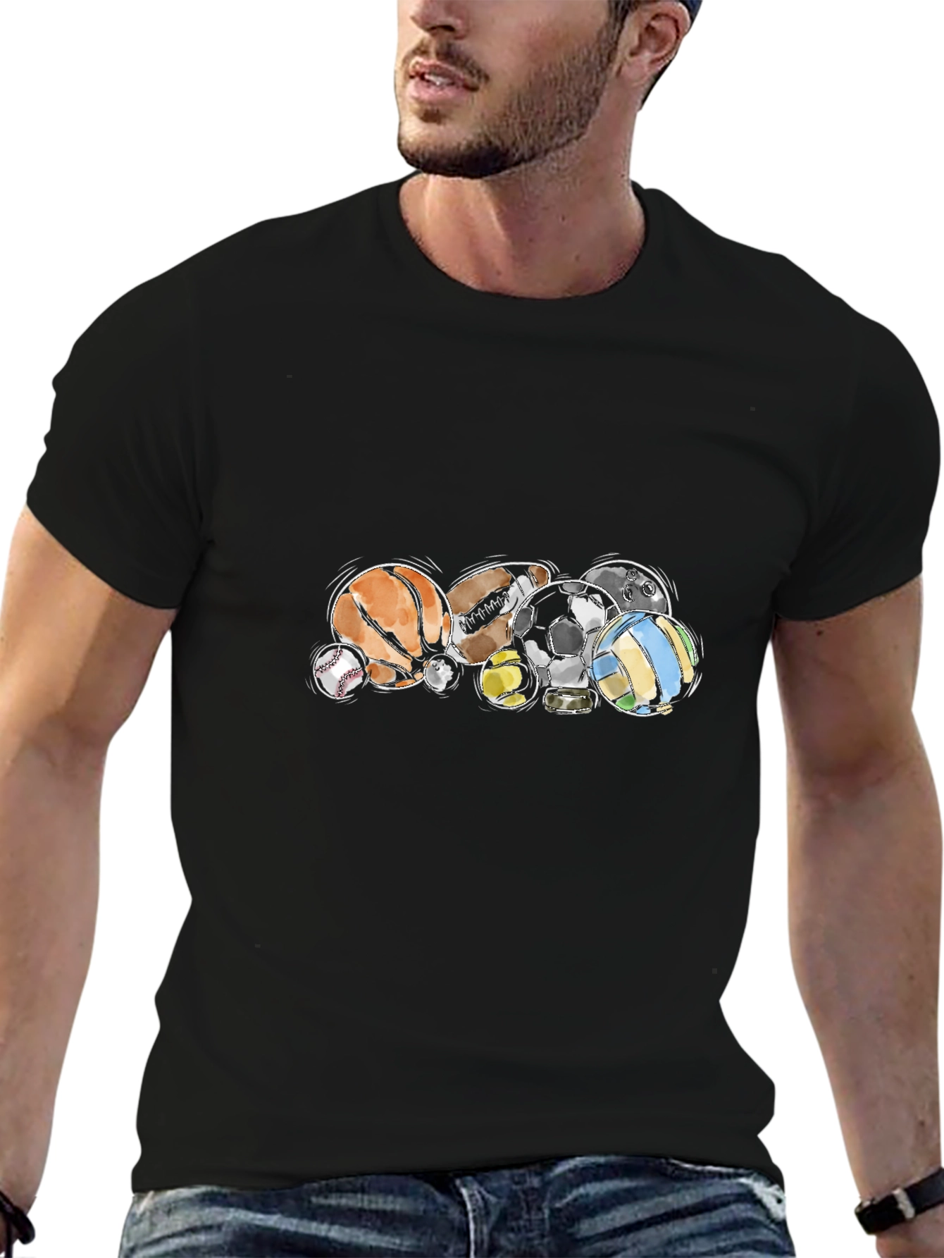 Sports Balls Graphic Black T-Shirt