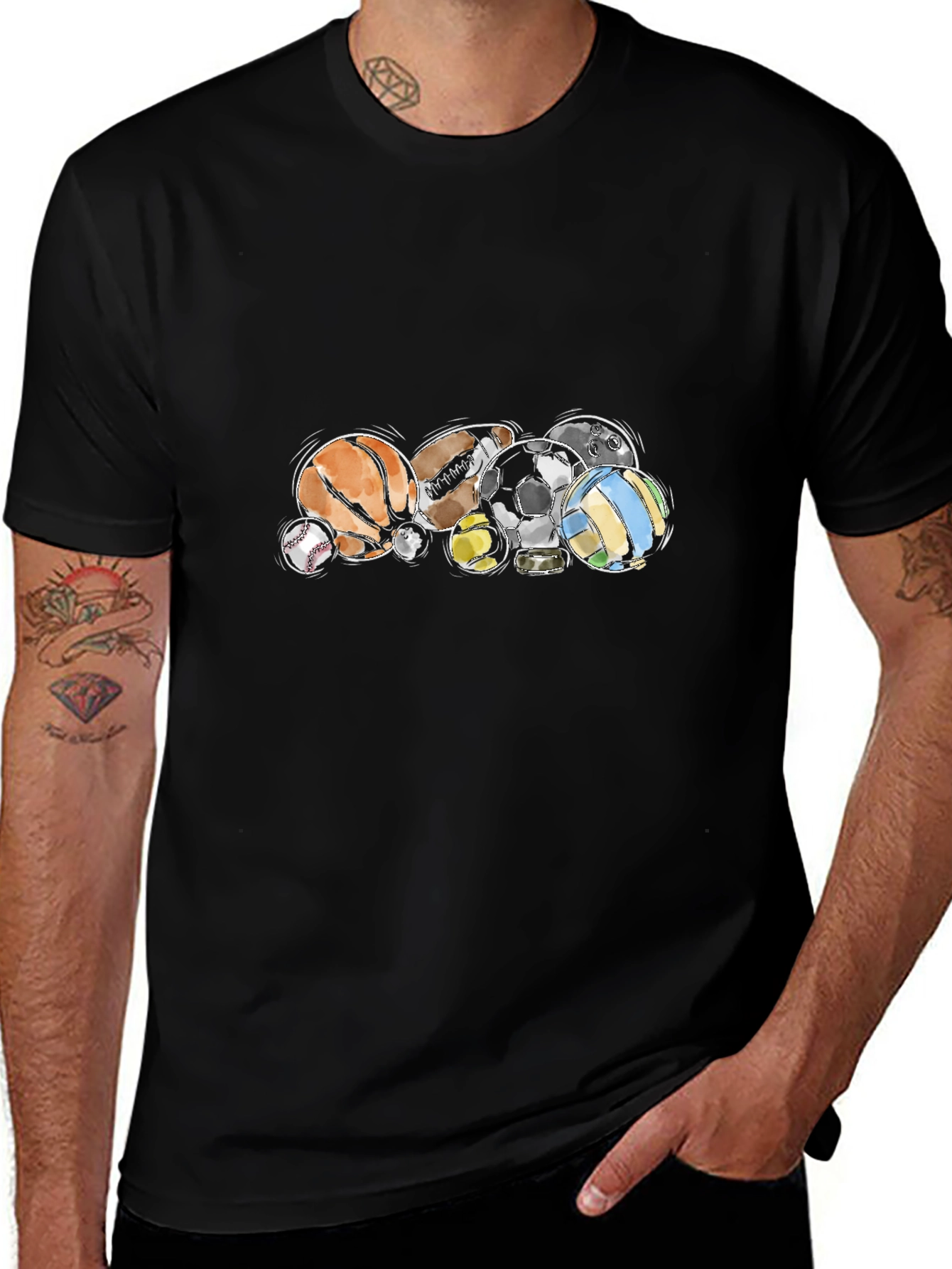 Sports Balls Graphic Black T-Shirt