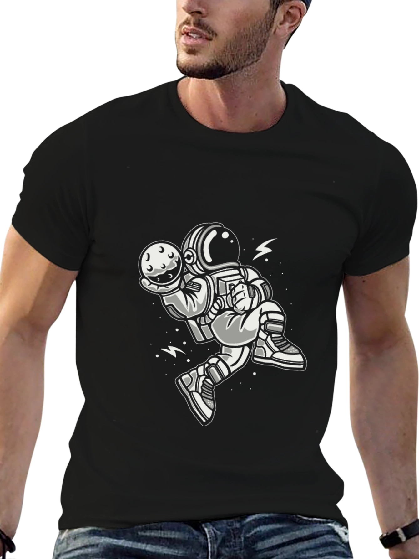 Astronaut Moon Graphic Tee - Black Cotton T-Shirt