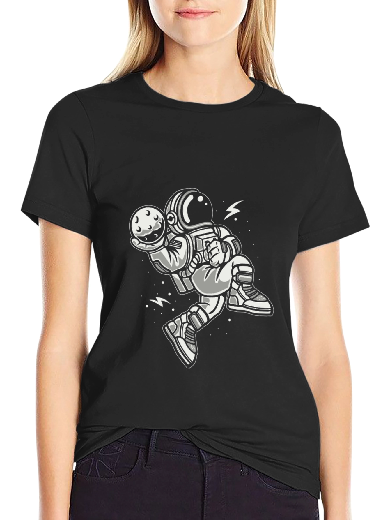 Astronaut Moon Graphic Tee - Black Cotton T-Shirt