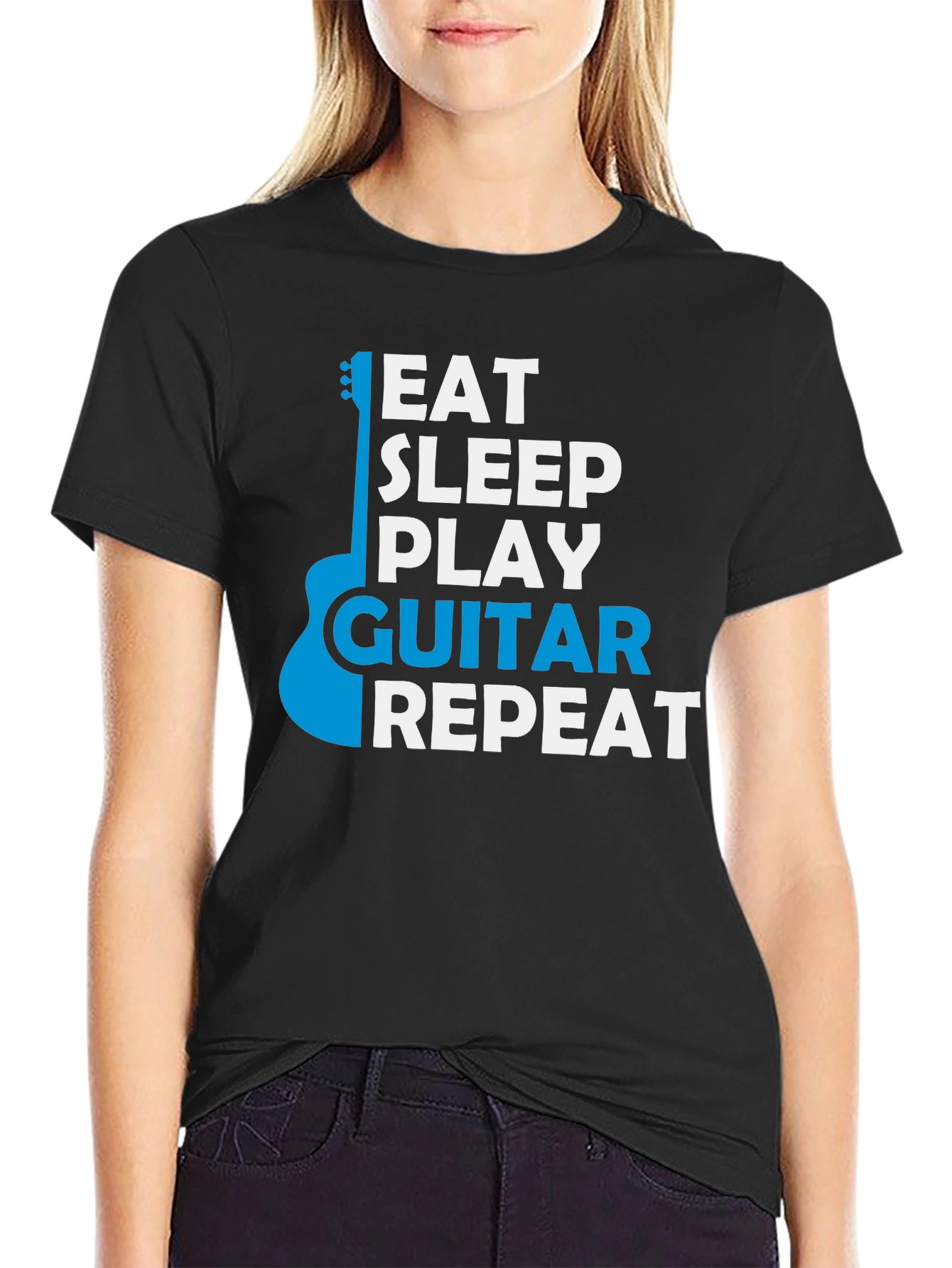 Eat Sleep Play Guitar Repeat Black Graphic T-Shirt