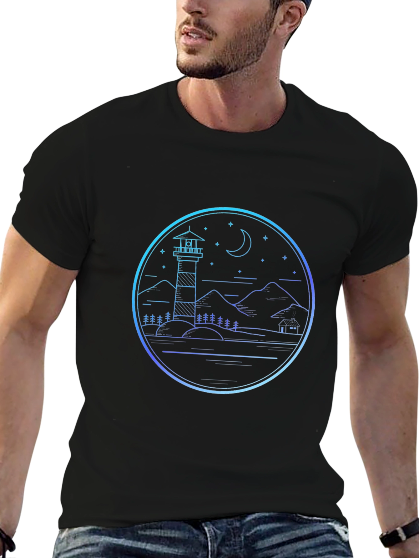 Lighthouse Scenic Graphic Print Black T-Shirt