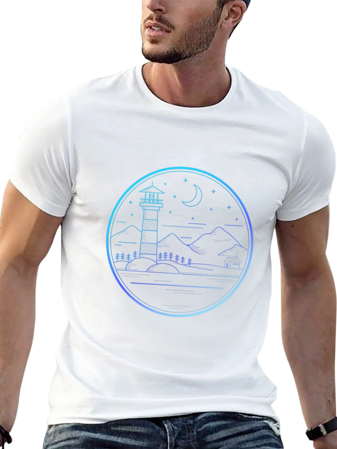 Lighthouse Scenic Graphic Print Black T-Shirt