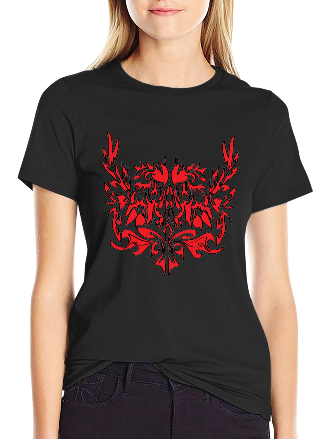 Tribal Graphic Black T-Shirt - Red Accent