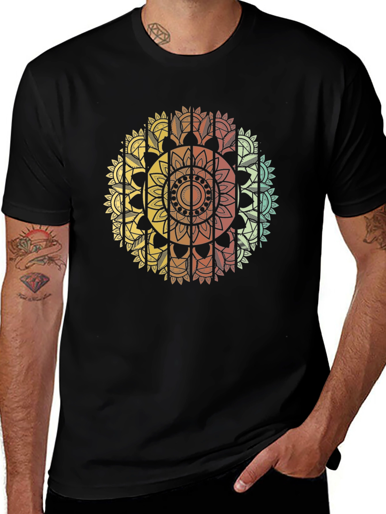 Mandala Print Mens Black T-Shirt