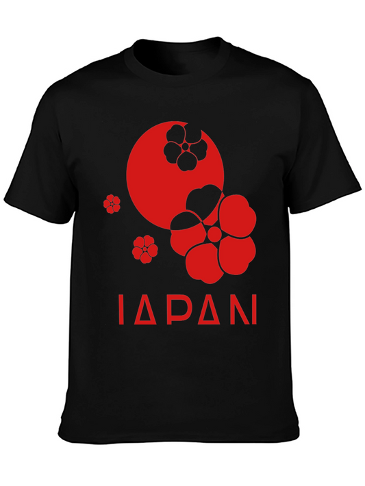 Japan Floral Design Graphic Tee - Black Cotton T-Shirt