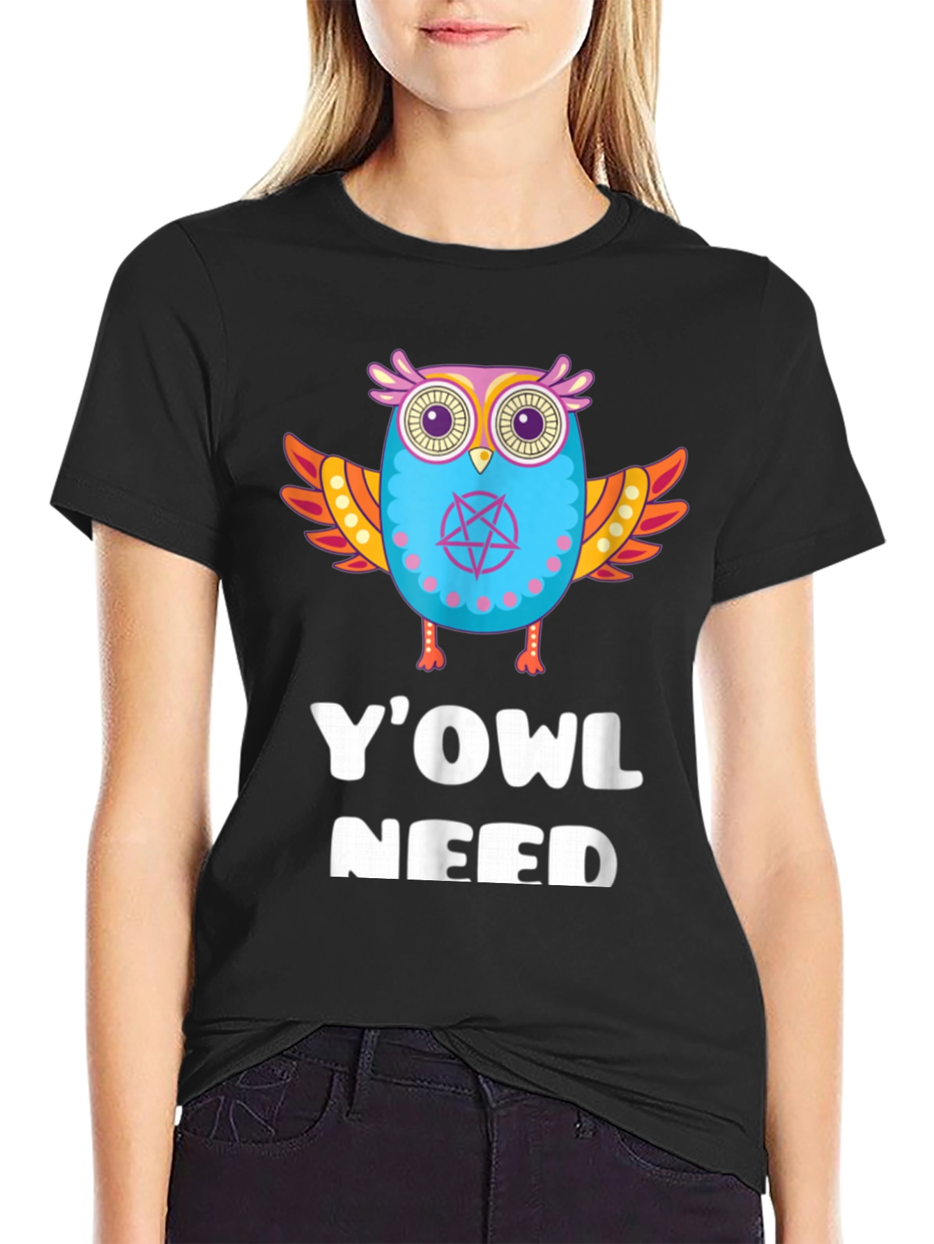 YOWL Need Funny Owl Graphic Black T-Shirt