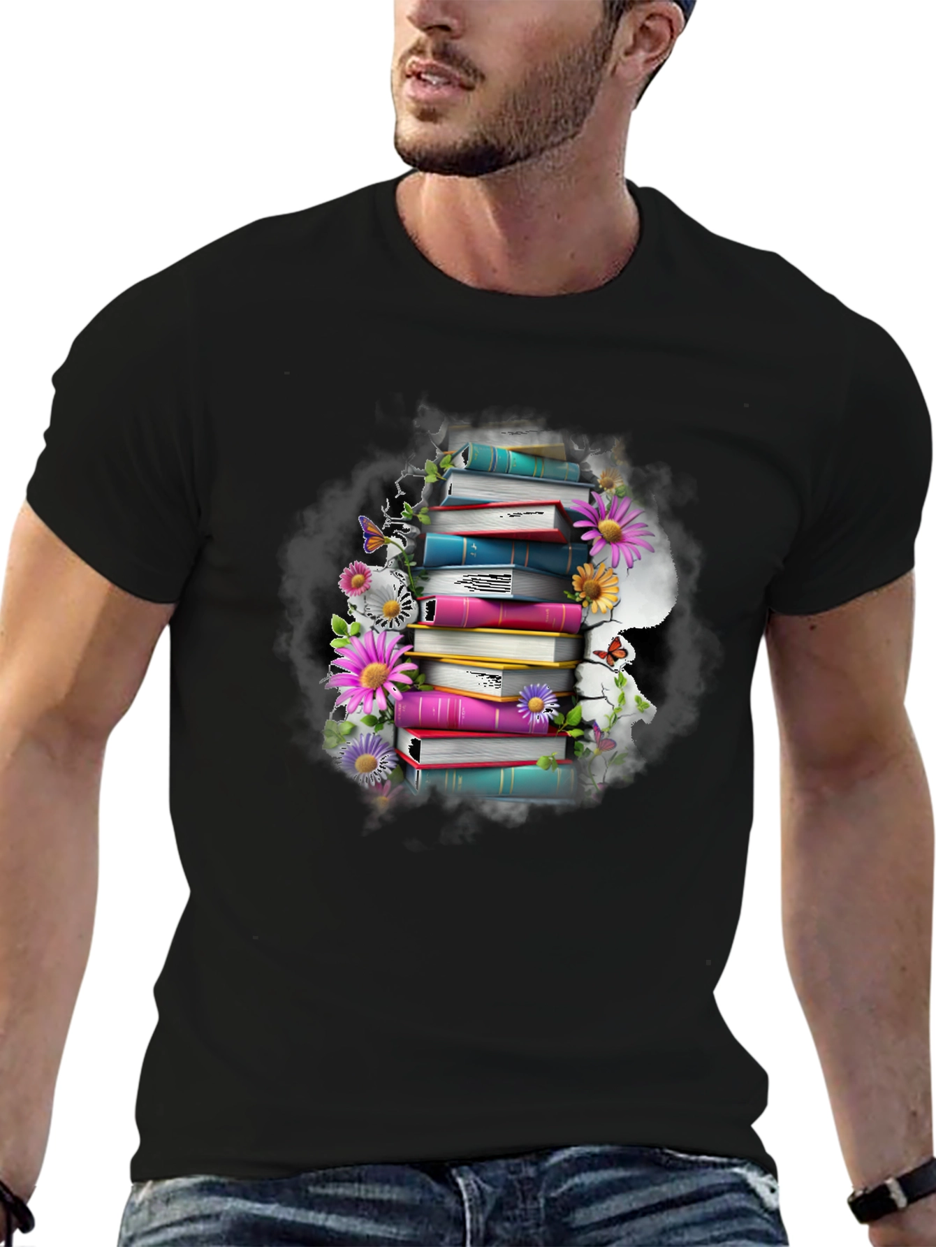 Book Stack & Flowers Graphic Tee - Reading Lover