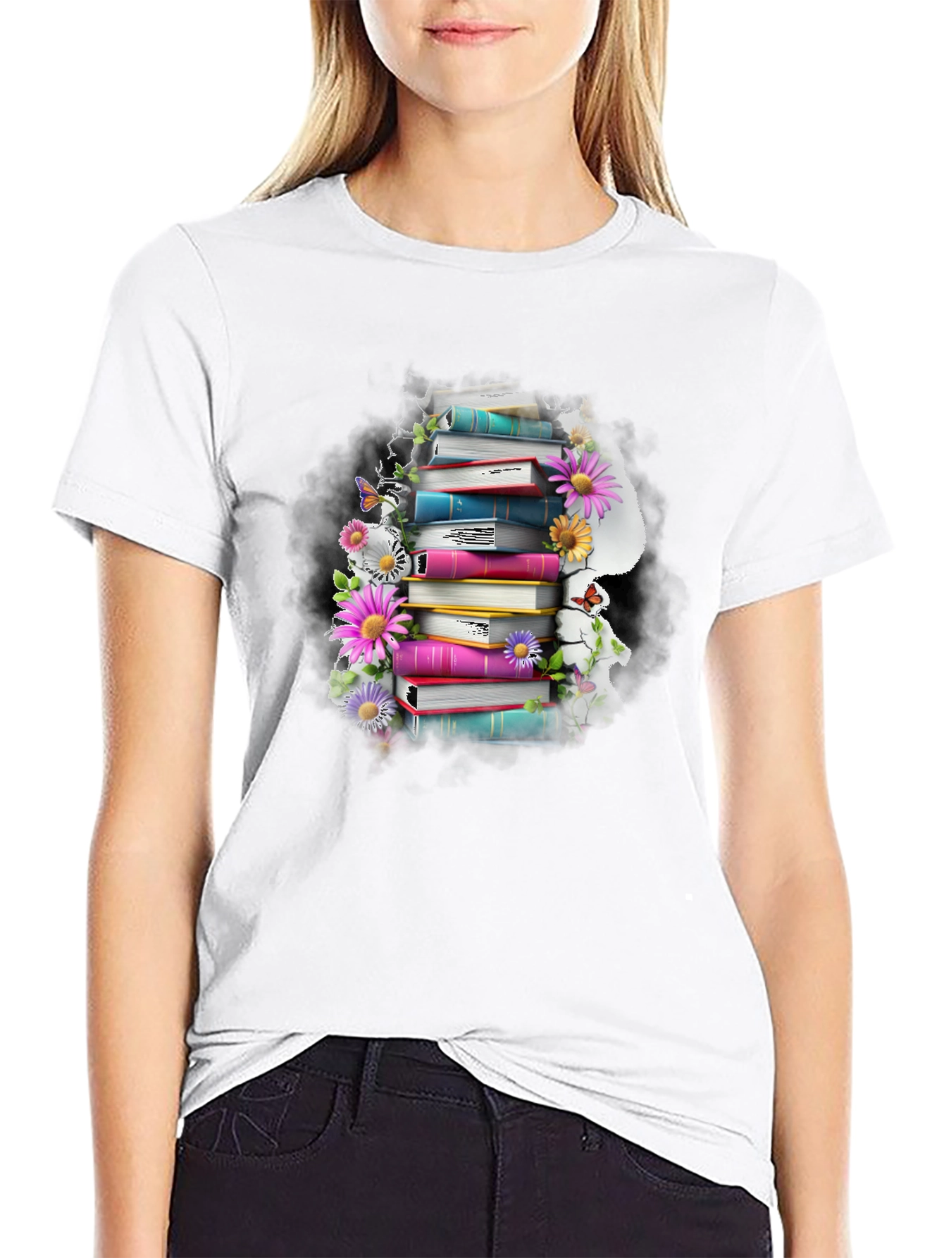 Book Stack & Flowers Graphic Tee - Reading Lover