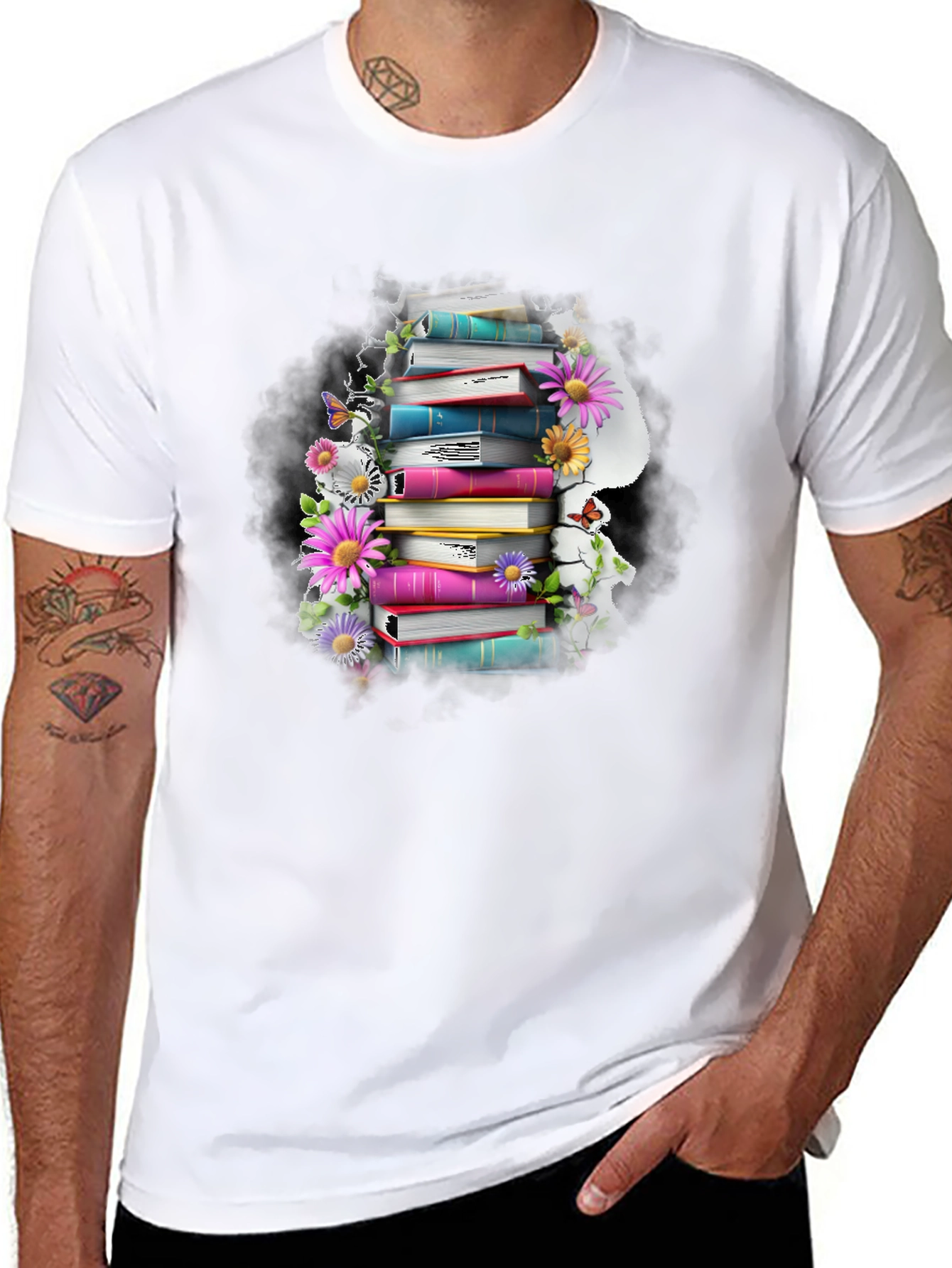Book Stack & Flowers Graphic Tee - Reading Lover