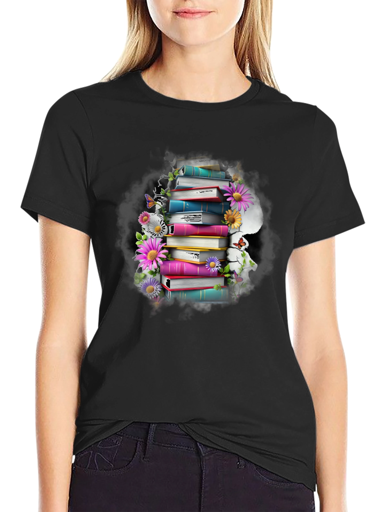 Book Stack & Flowers Graphic Tee - Reading Lover
