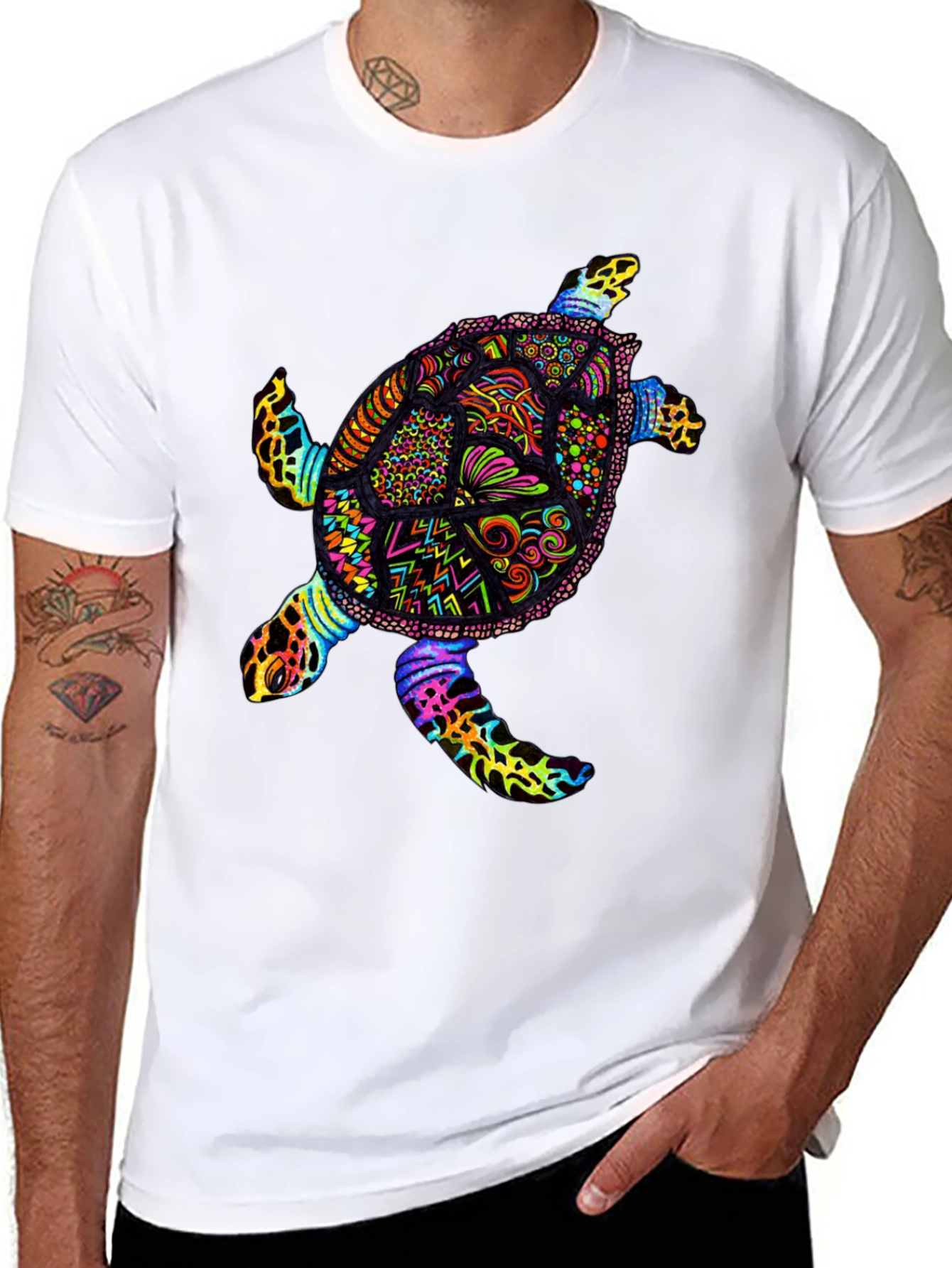 Vibrant Sea Turtle Graphic Tee - Black Cotton T-Shirt