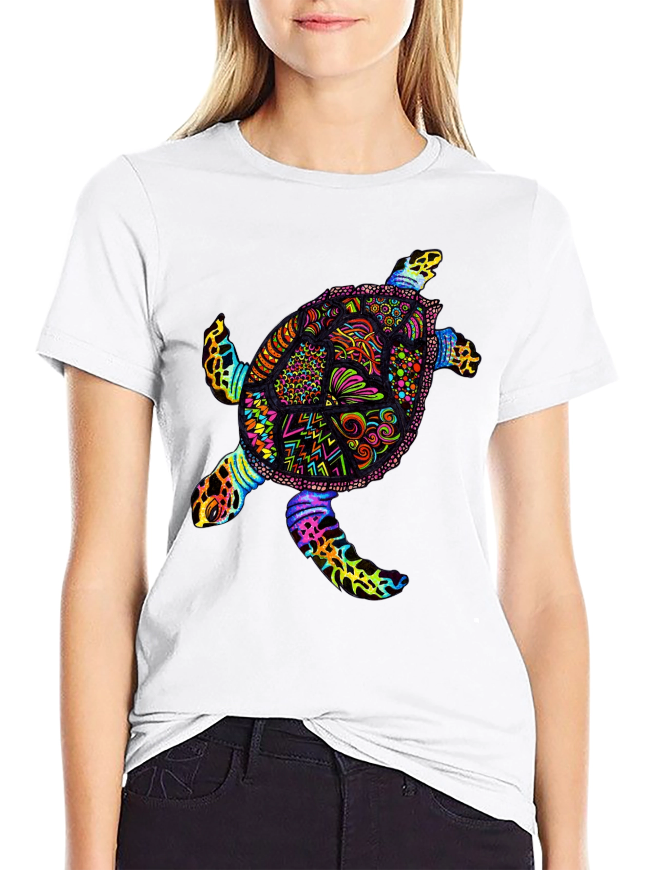 Vibrant Sea Turtle Graphic Tee - Black Cotton T-Shirt