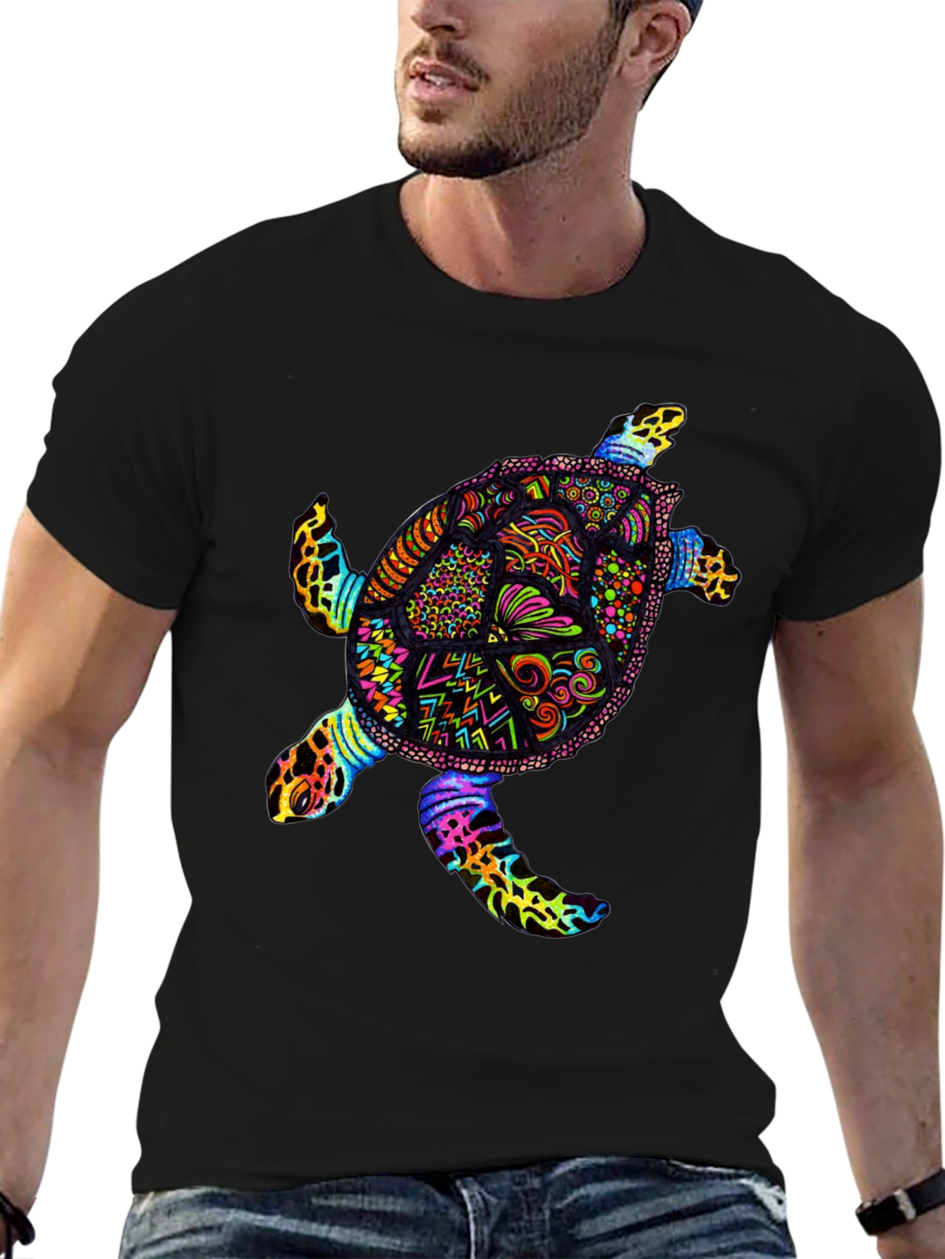 Vibrant Sea Turtle Graphic Tee - Black Cotton T-Shirt