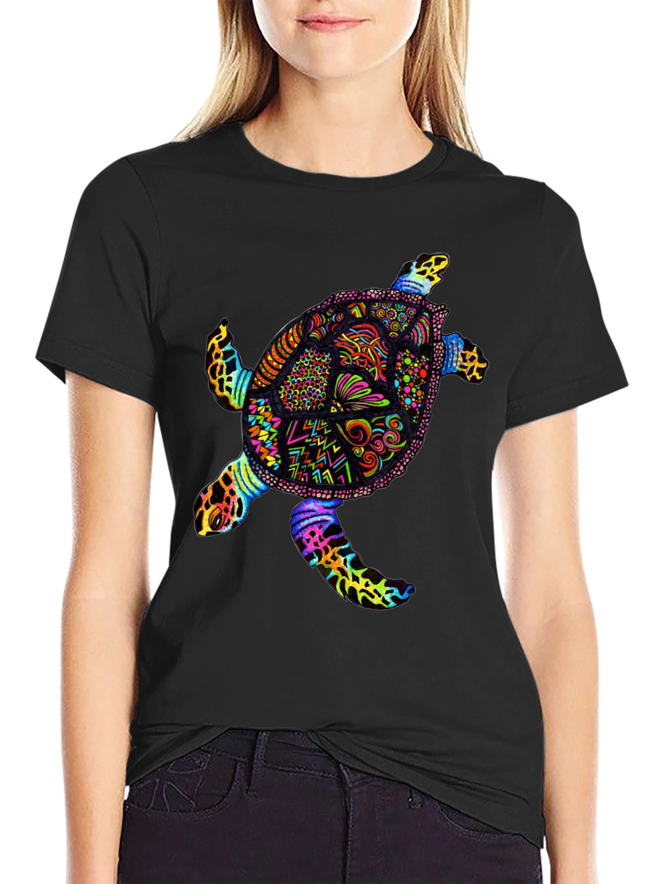 Vibrant Sea Turtle Graphic Tee - Black Cotton T-Shirt