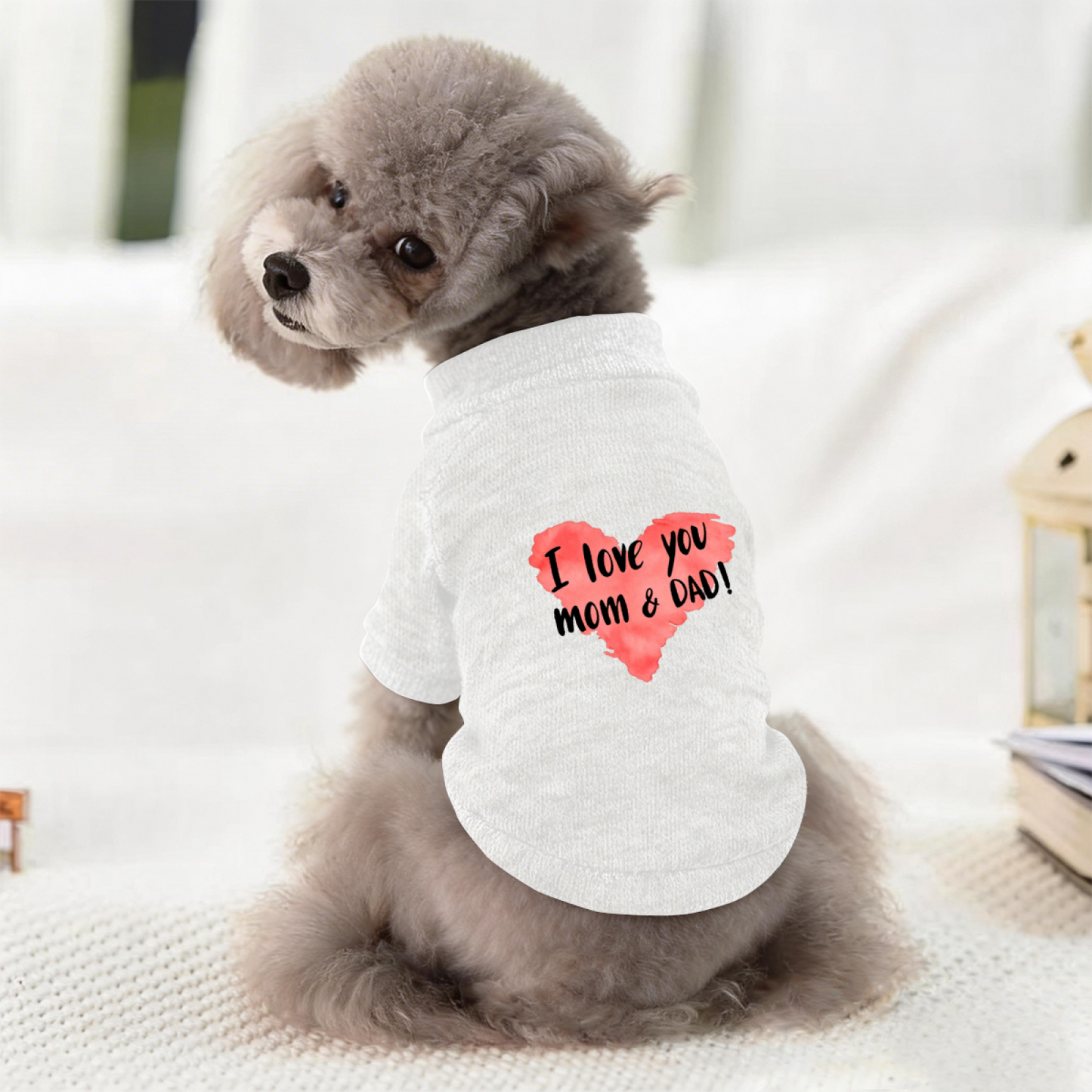Watercolor Heart I Love You Mom & Dad Pet Sweater, Warm Family Puppy Top