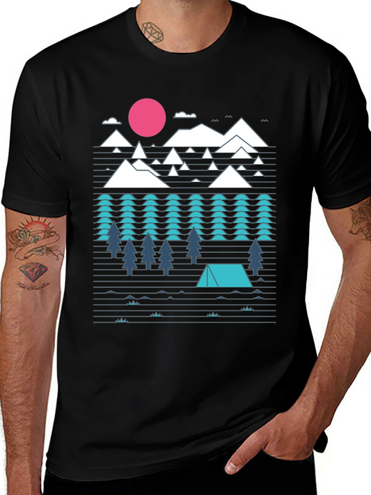 Geometric Mountain Camping Black Graphic Tee
