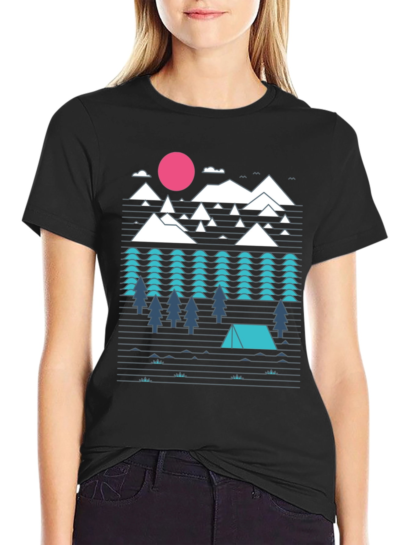 Geometric Mountain Camping Black Graphic Tee