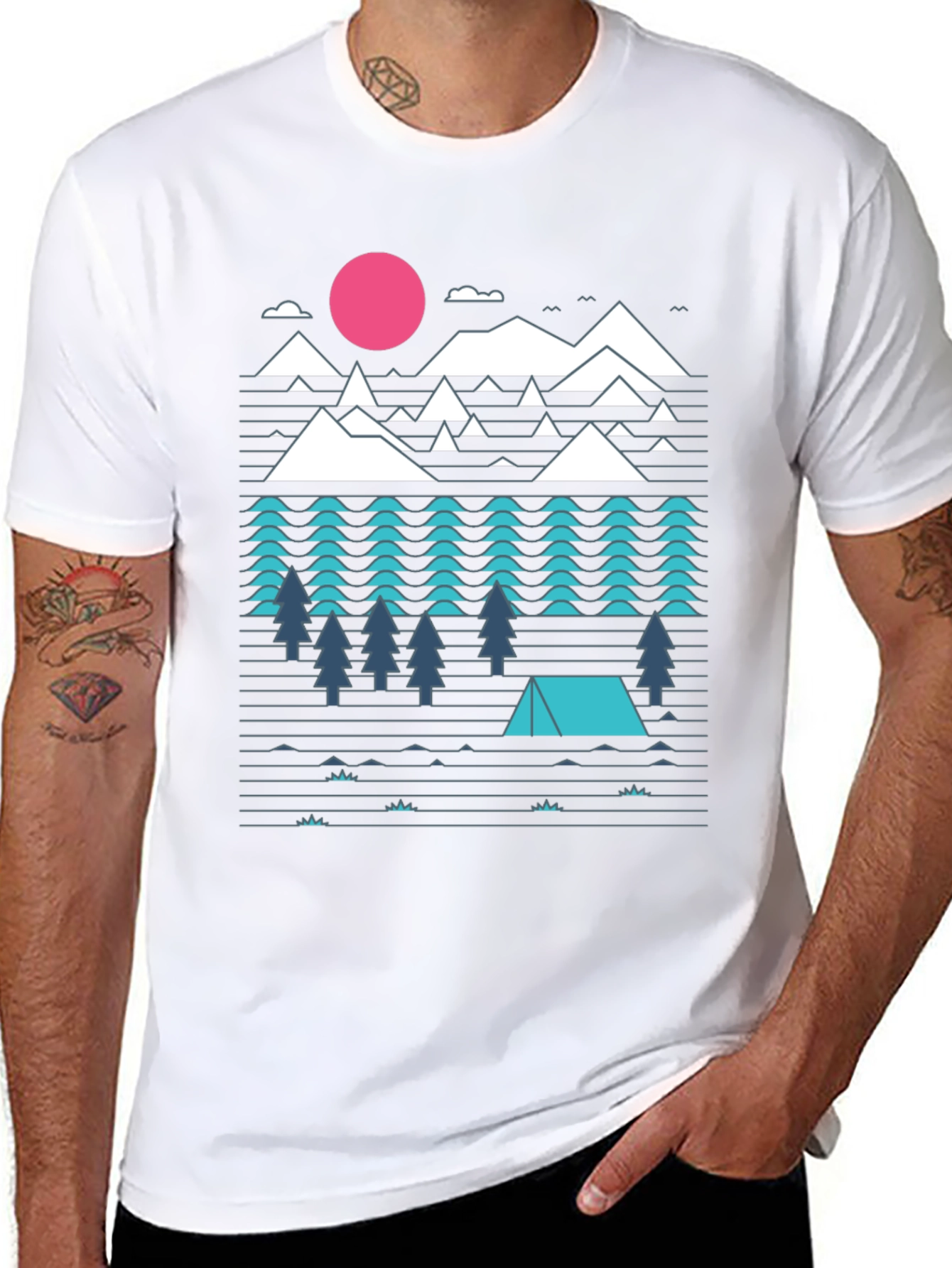 Geometric Mountain Camping Black Graphic Tee
