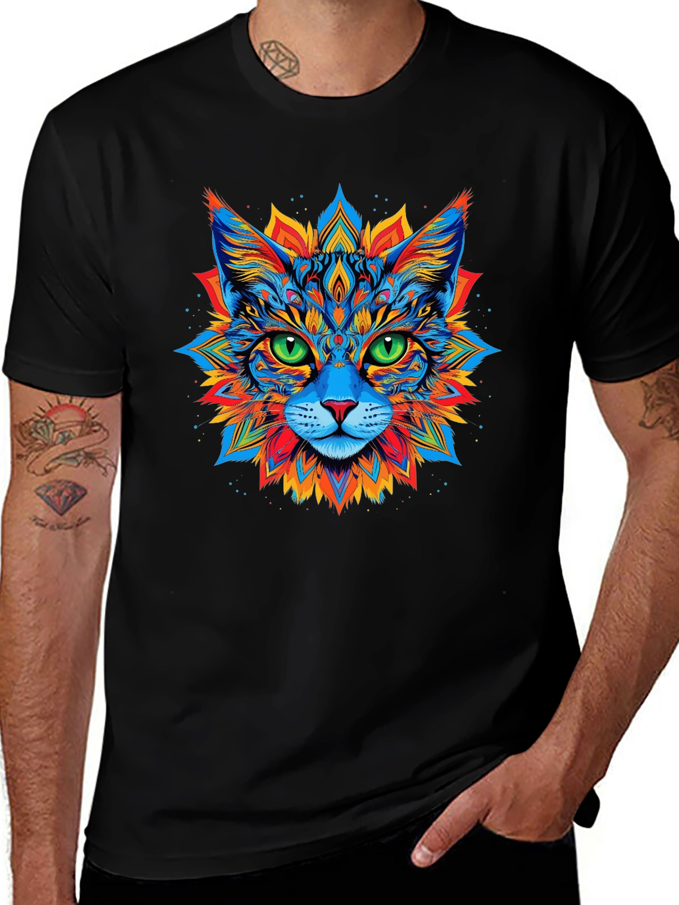 Psychedelic Cat Graphic Tee - Black T-Shirt