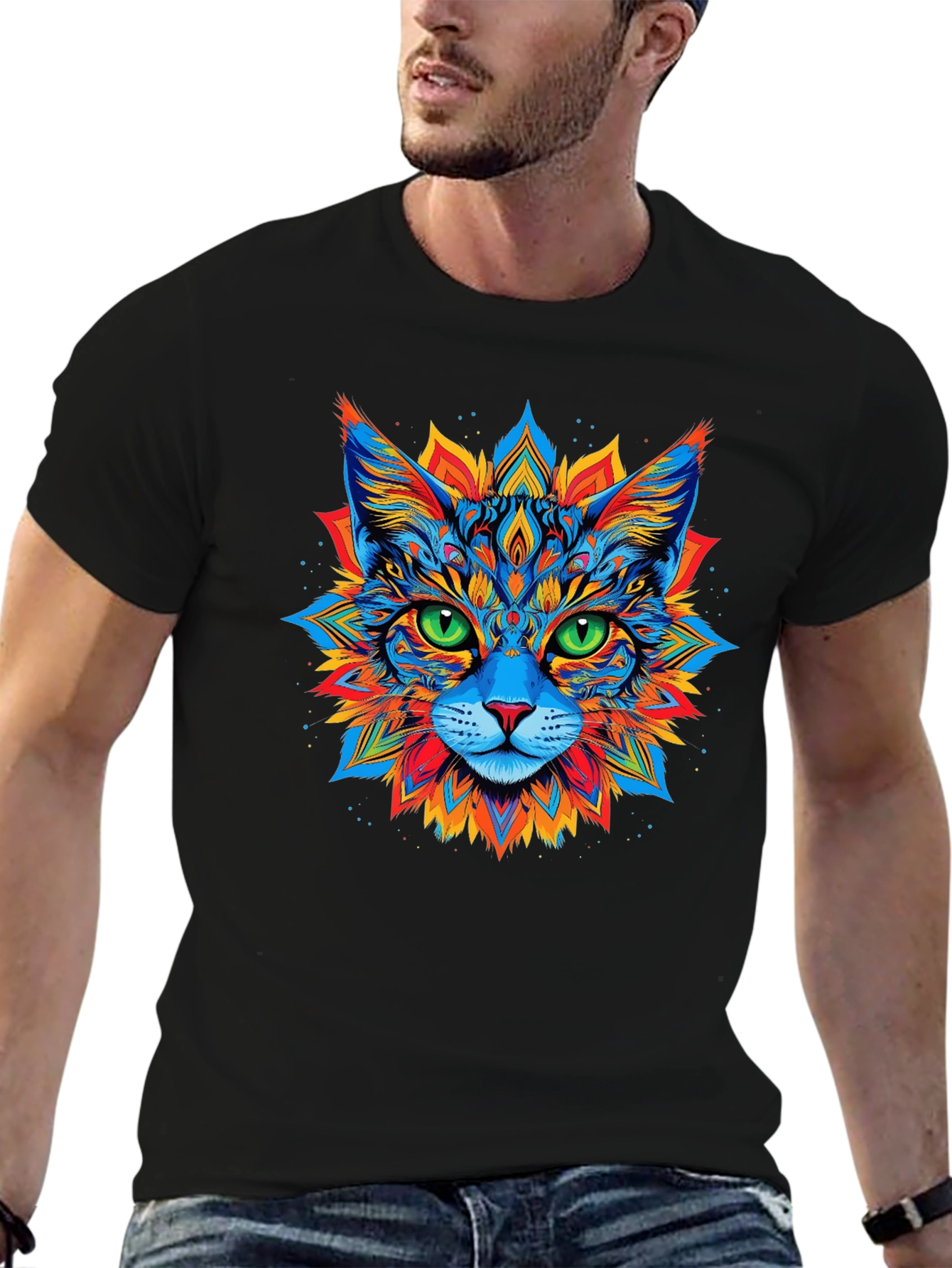 Psychedelic Cat Graphic Tee - Black T-Shirt