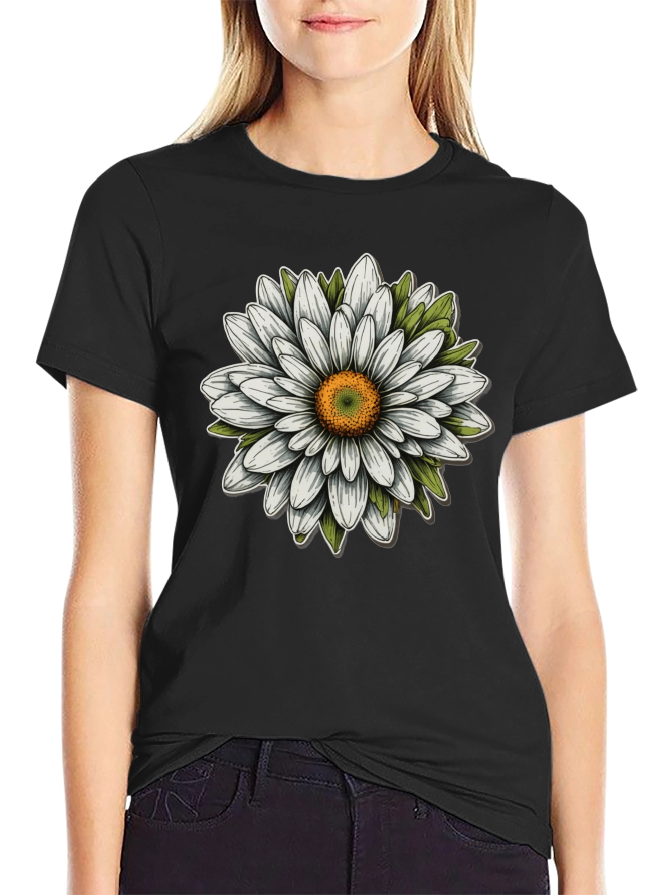 Daisy Flower Graphic Tee - Black Cotton Blend