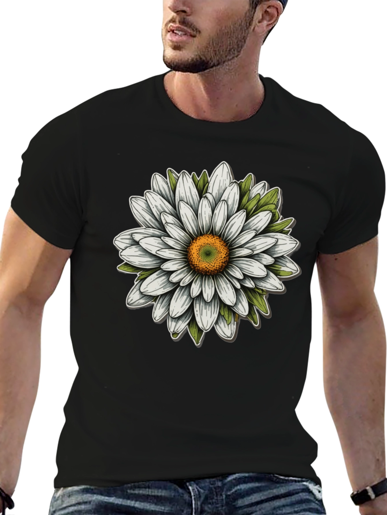 Daisy Flower Graphic Tee - Black Cotton Blend