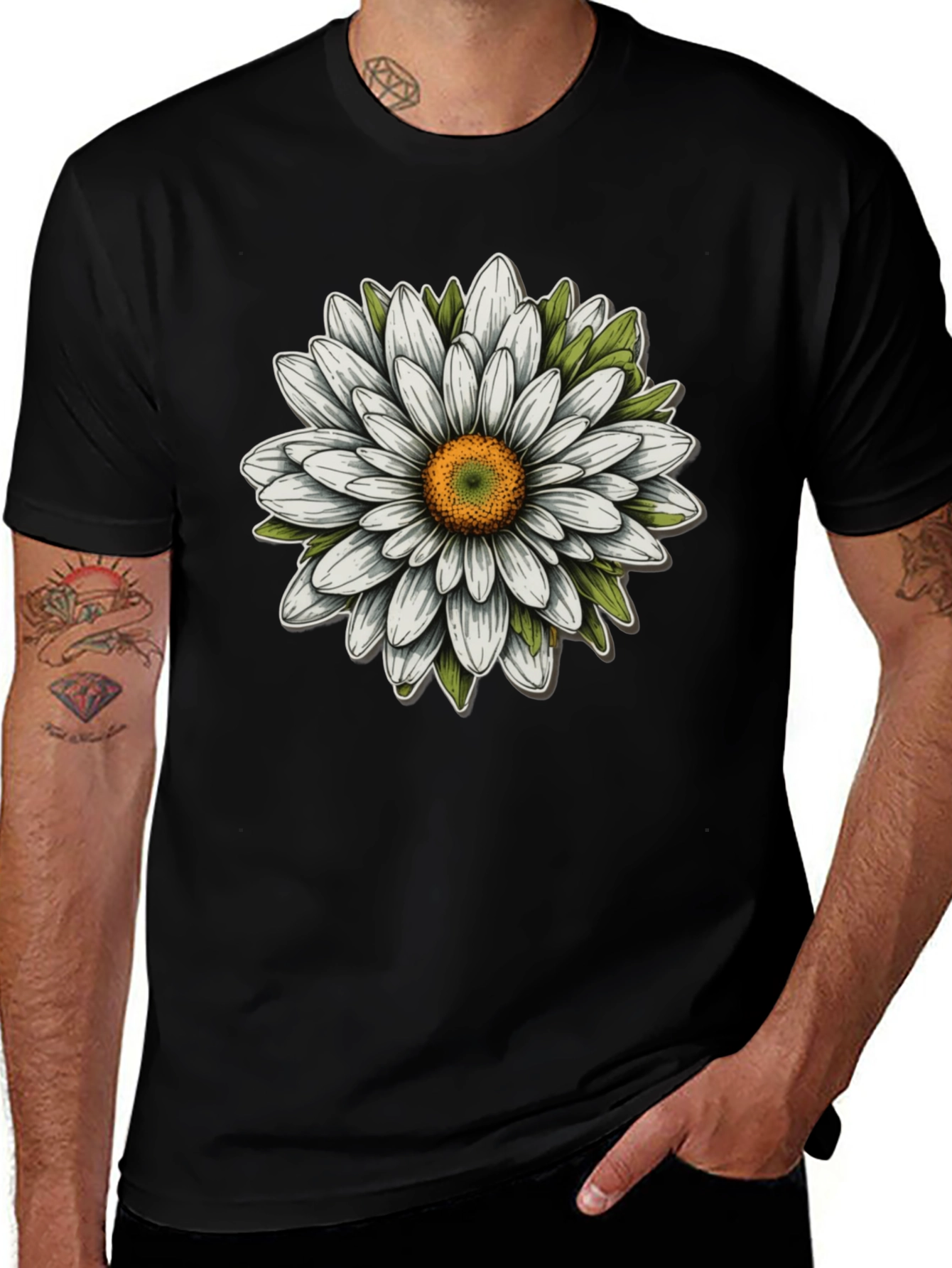 Daisy Flower Graphic Tee - Black Cotton Blend
