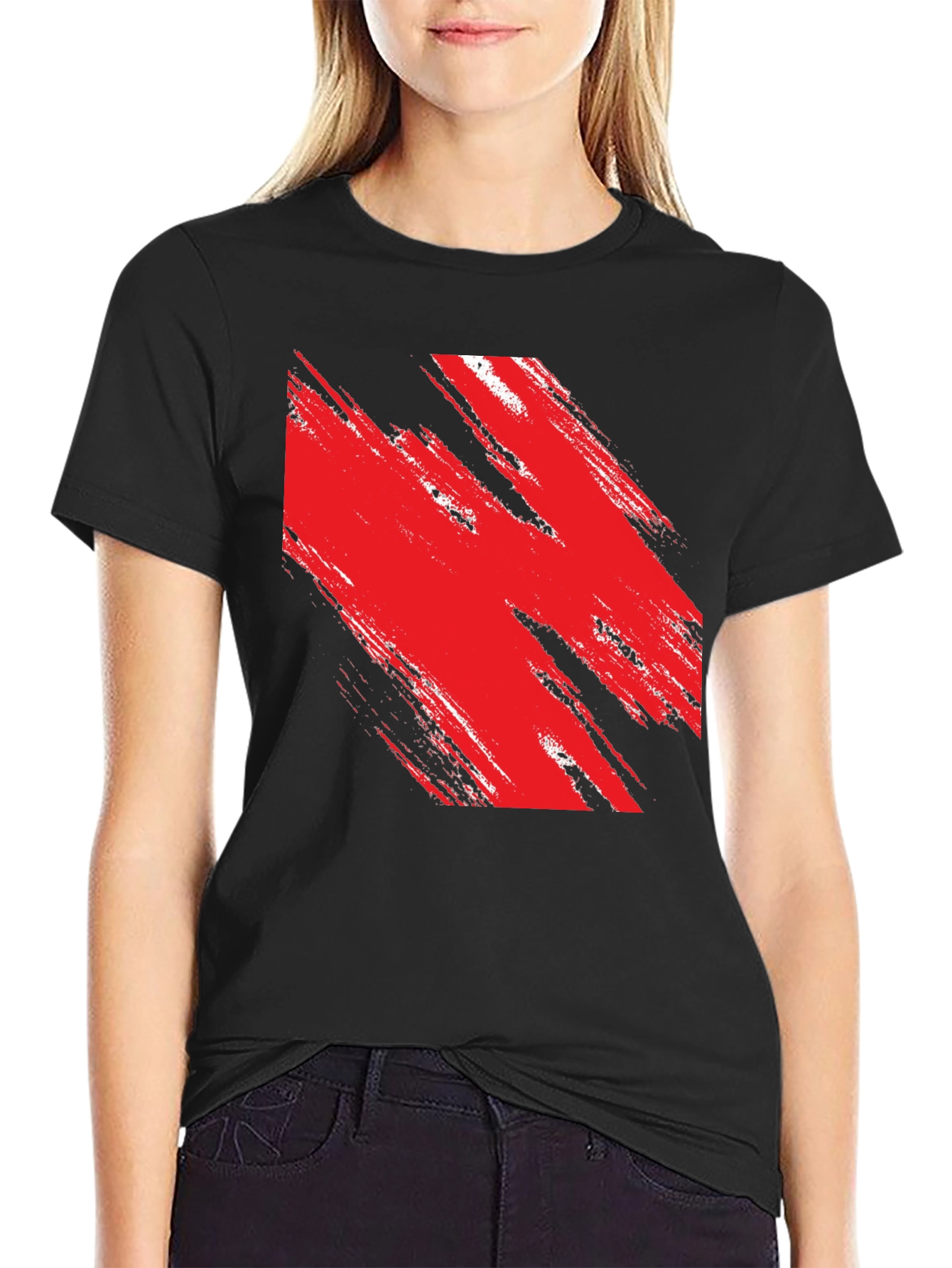 Abstract Red Brushstroke Graphic Black Tee