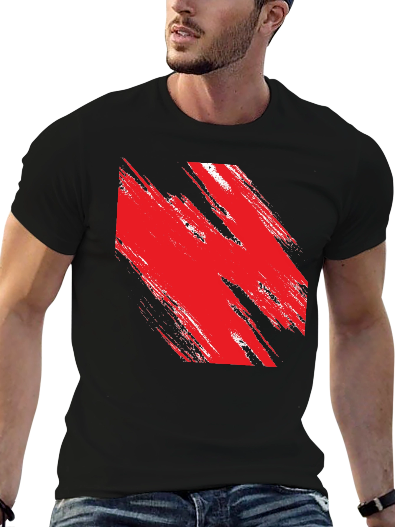 Abstract Red Brushstroke Graphic Black Tee