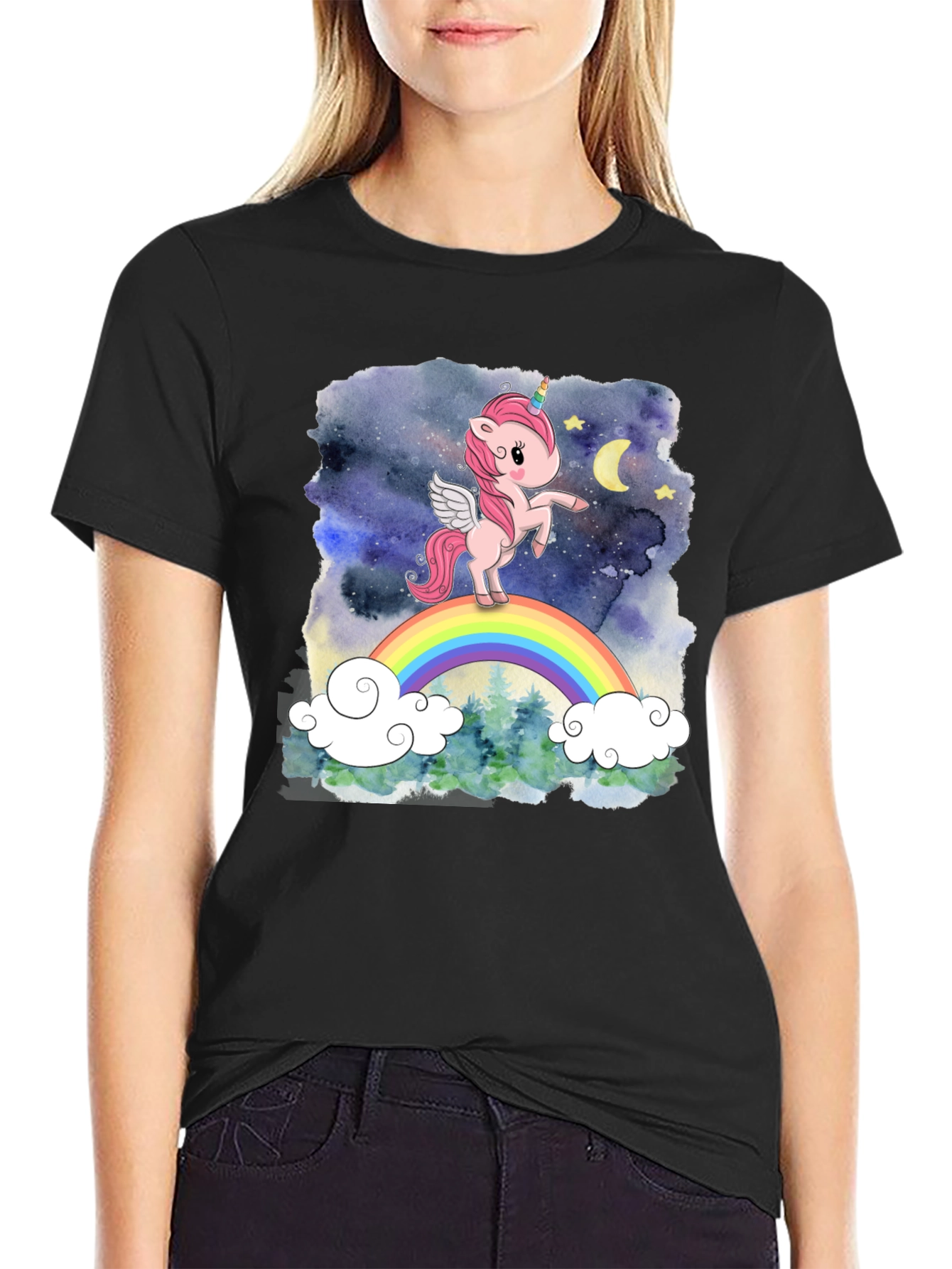 Unicorn Rainbow Graphic T-Shirt - Black