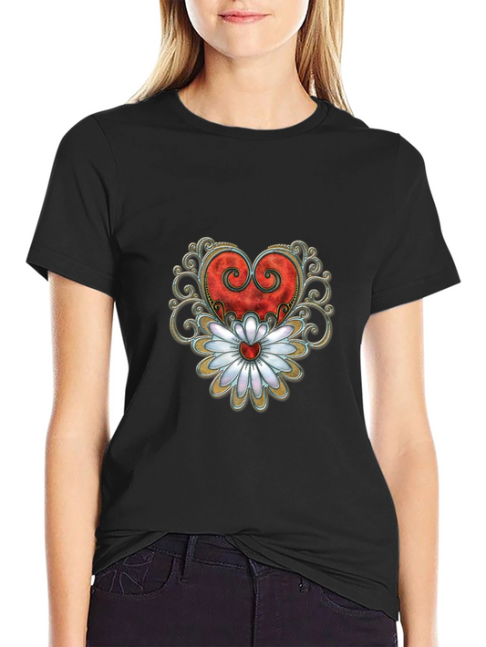 Heart & Flower Graphic Tee - Stylish Black T-Shirt