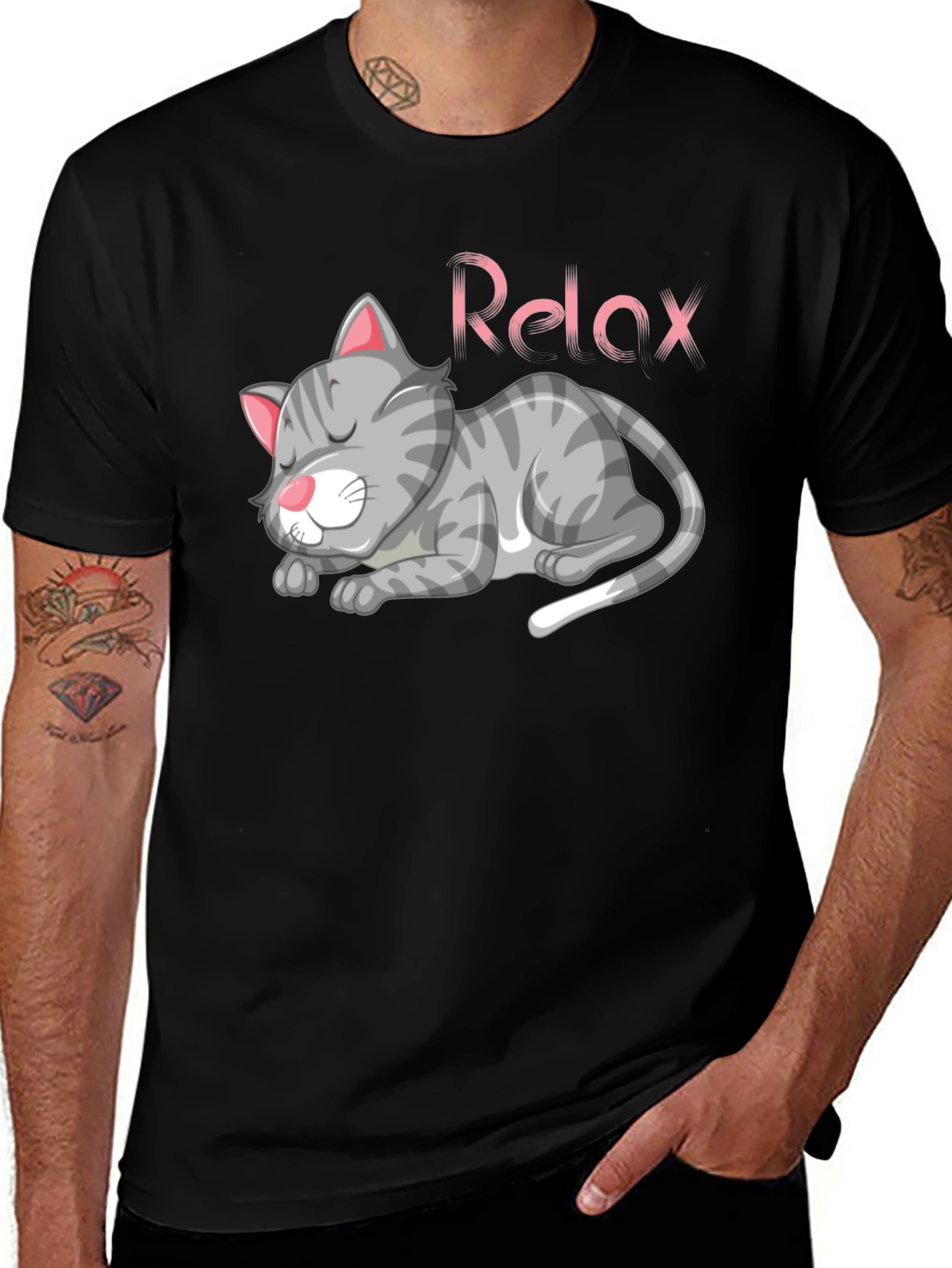 Relaxed Cat Graphic Tee - Black Casual T-Shirt