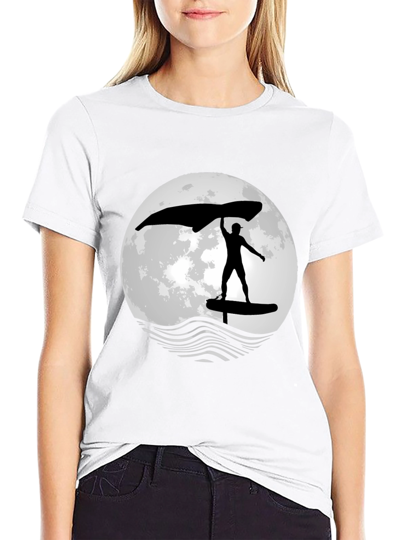 Wing Foiling T-Shirt - Moon Graphic - Black