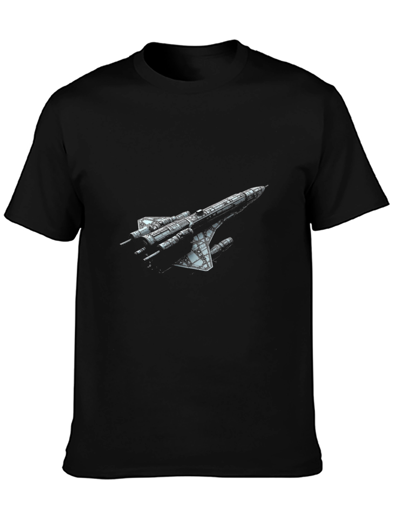 Sci-Fi Spaceship Graphic T-Shirt - Black Crew Neck Tee