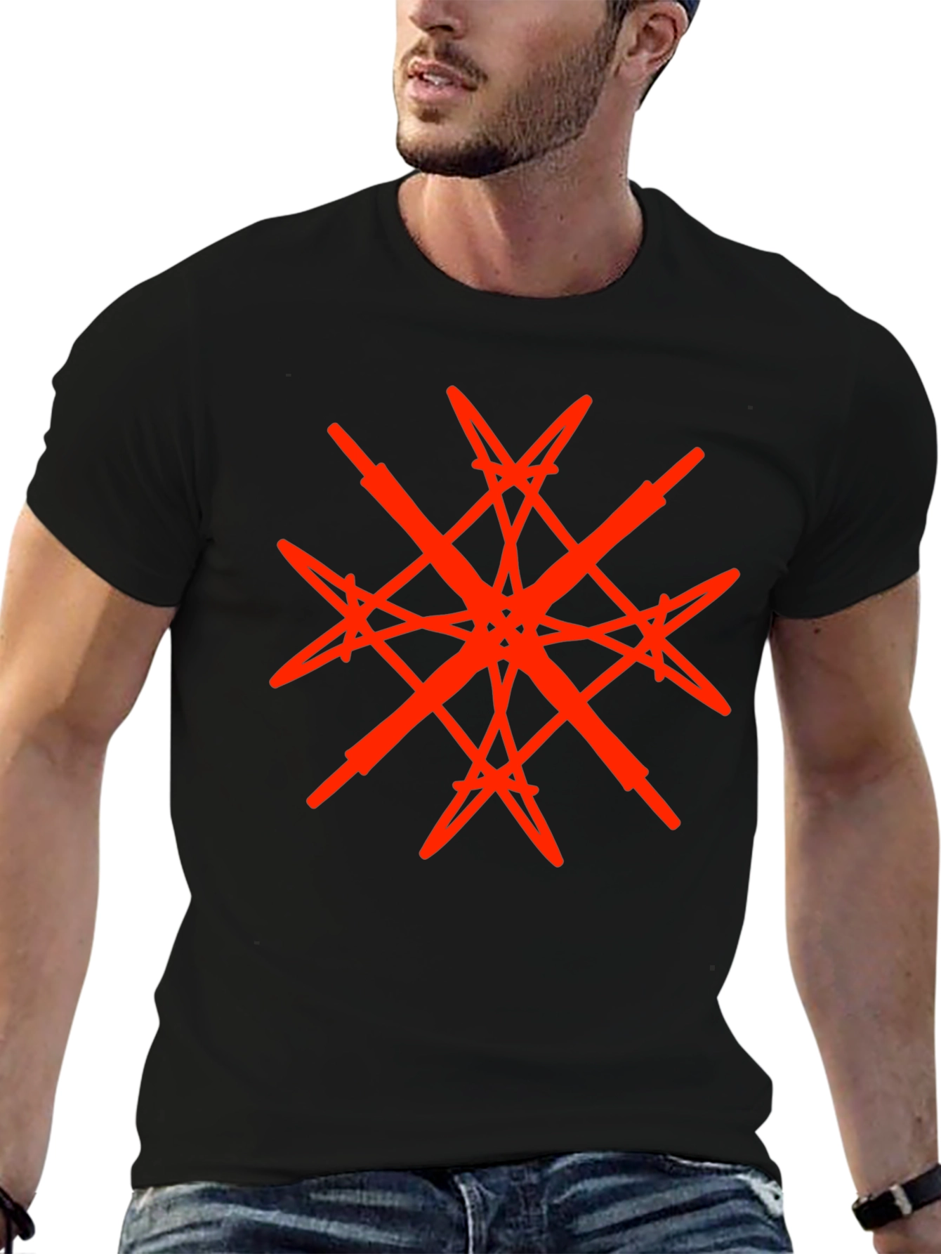Geometric Red Graphic Print Black T-Shirt