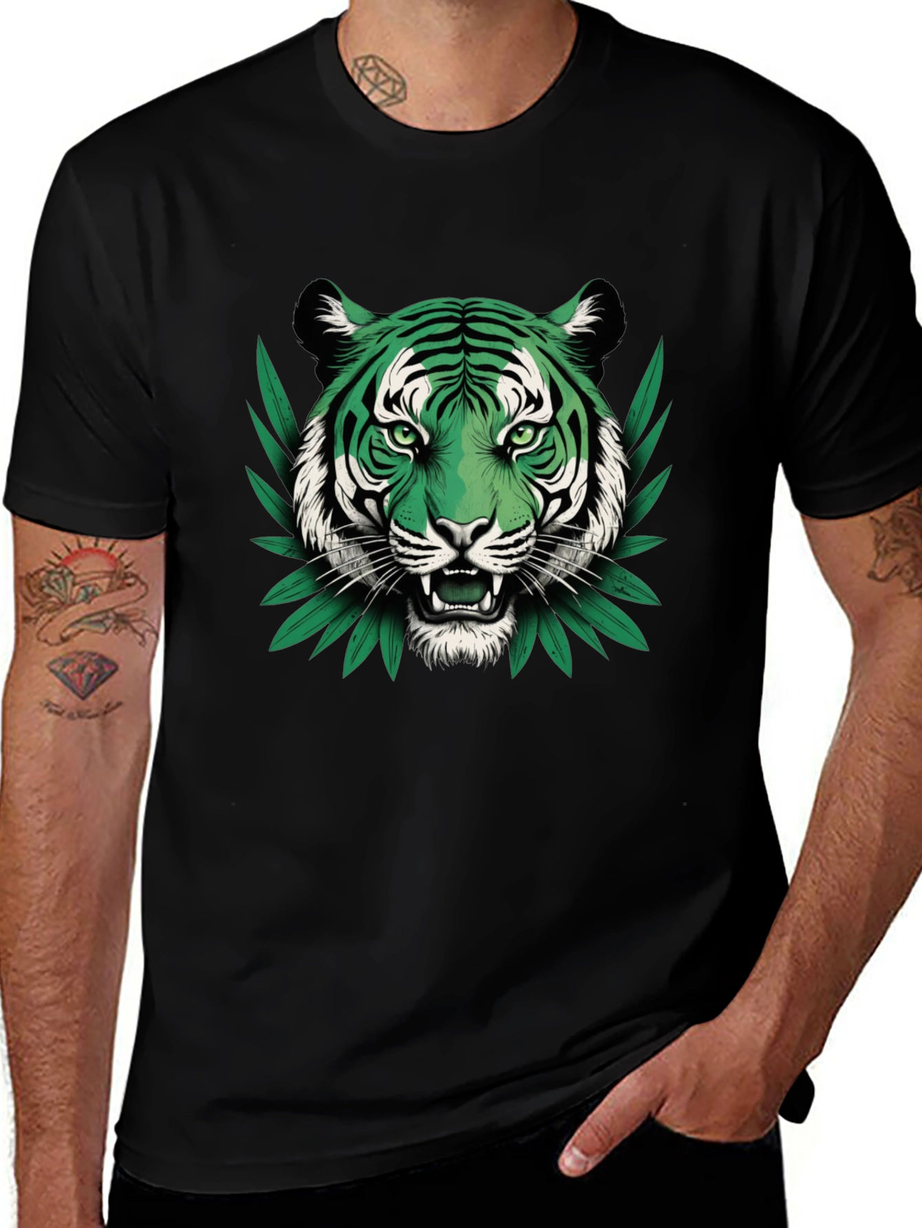 Green Tiger Graphic Black T-Shirt