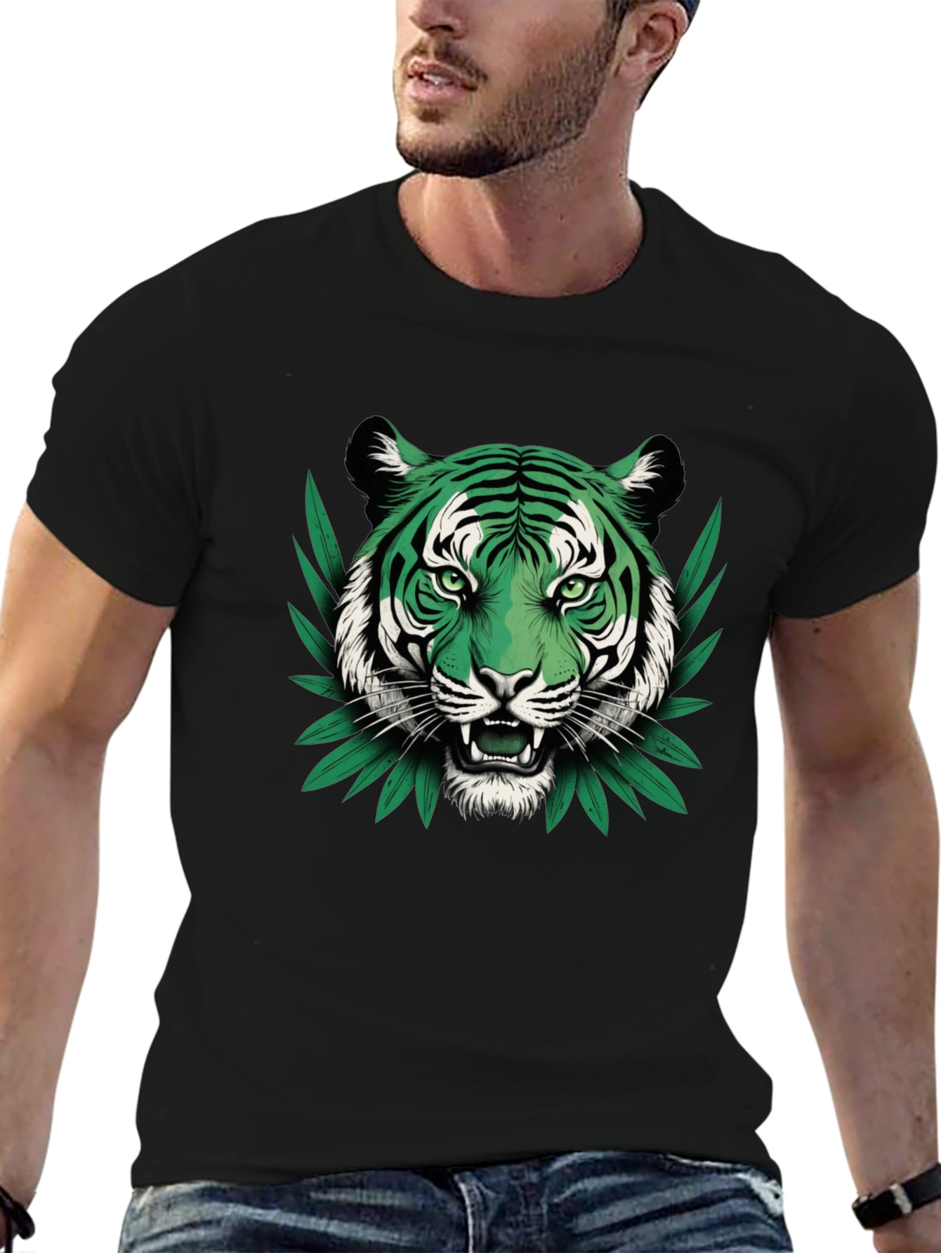 Green Tiger Graphic Black T-Shirt