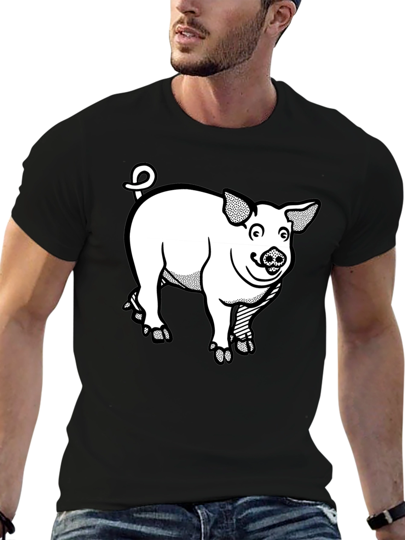 Pig Graphic T-Shirt - Black Crew Neck Tee