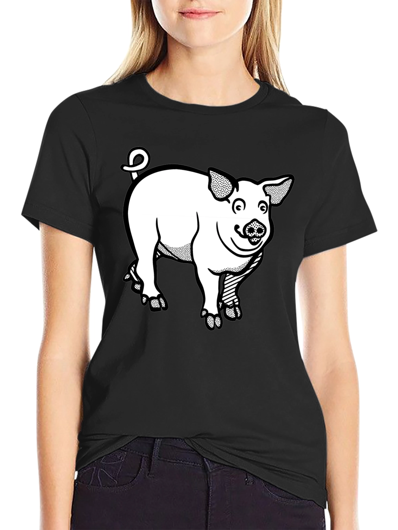 Pig Graphic T-Shirt - Black Crew Neck Tee