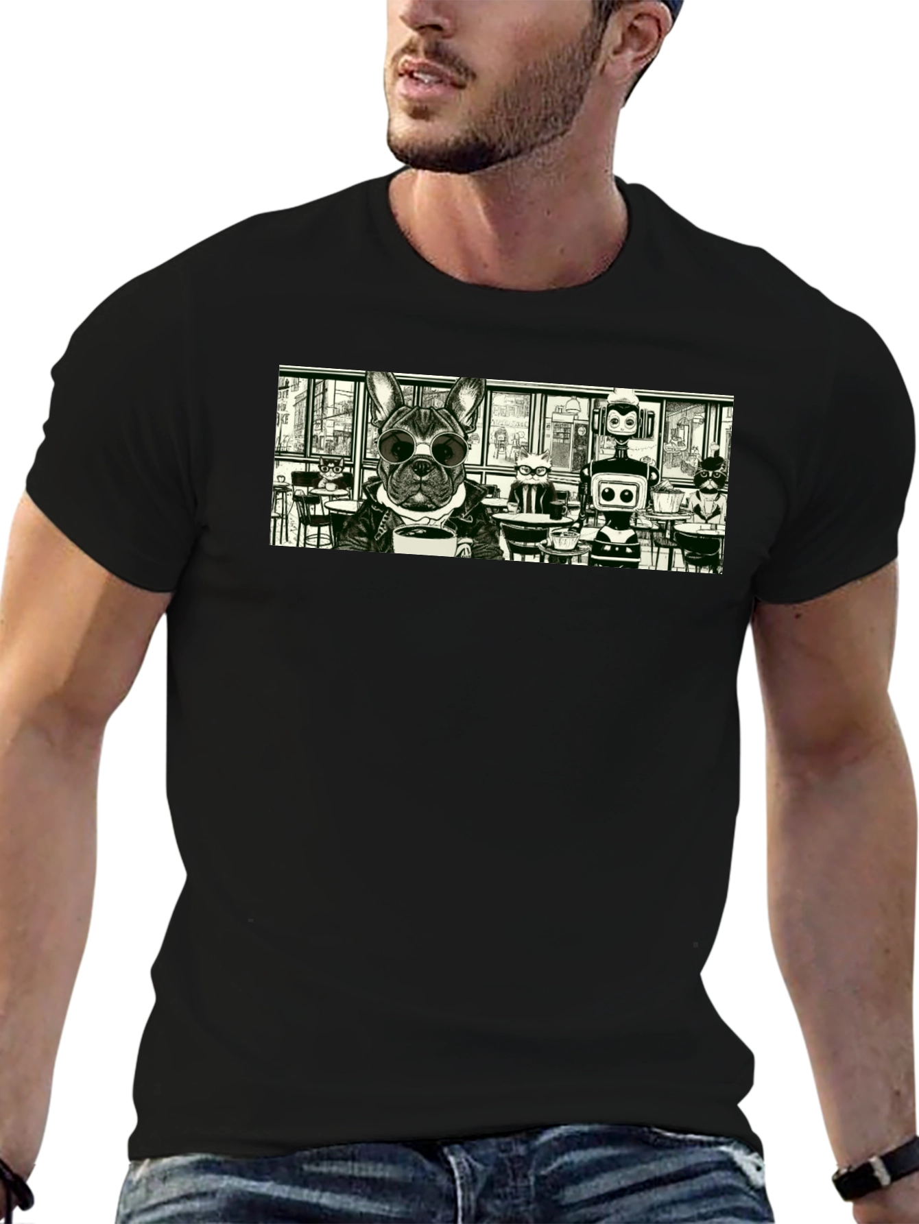 Dog & Robot Cafe T-Shirt - Cool Graphic Tee