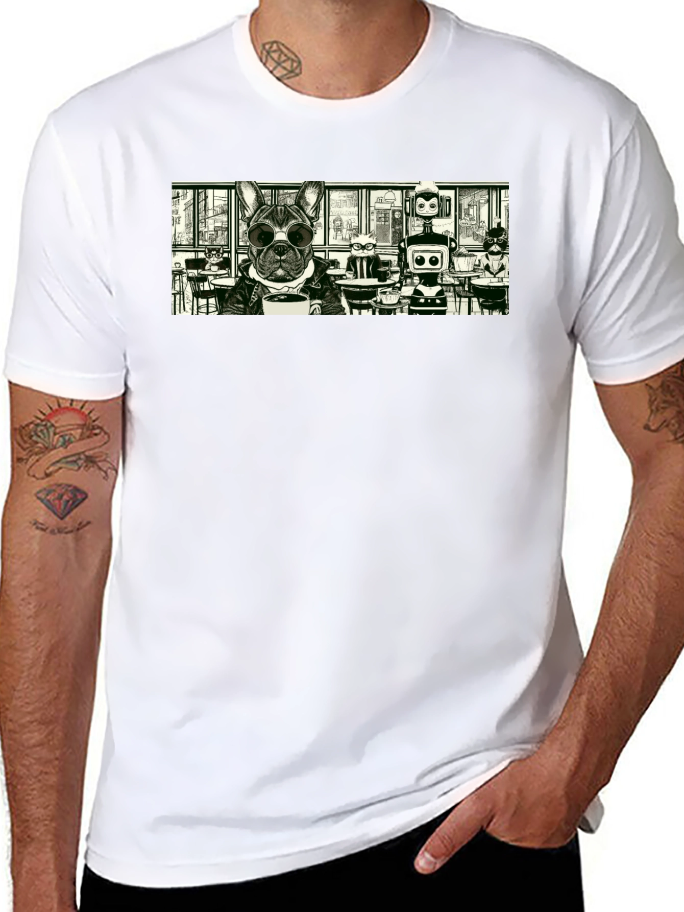 Dog & Robot Cafe T-Shirt - Cool Graphic Tee