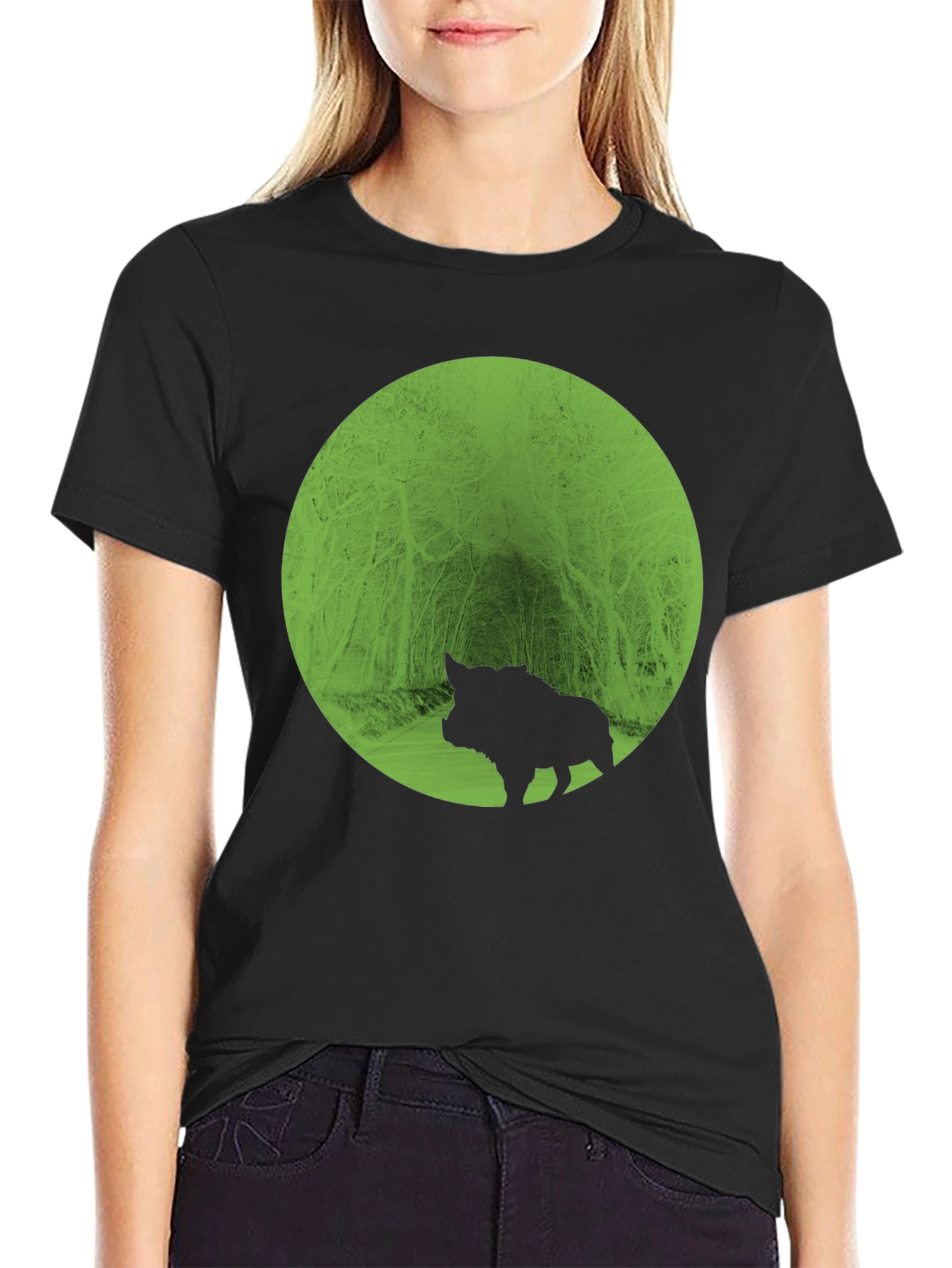 Boar Silhouette Forest Graphic Tee - Black
