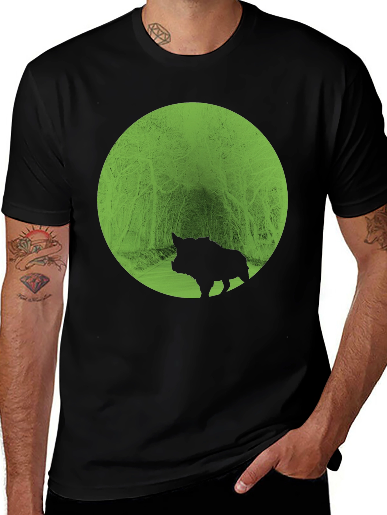 Boar Silhouette Forest Graphic Tee - Black