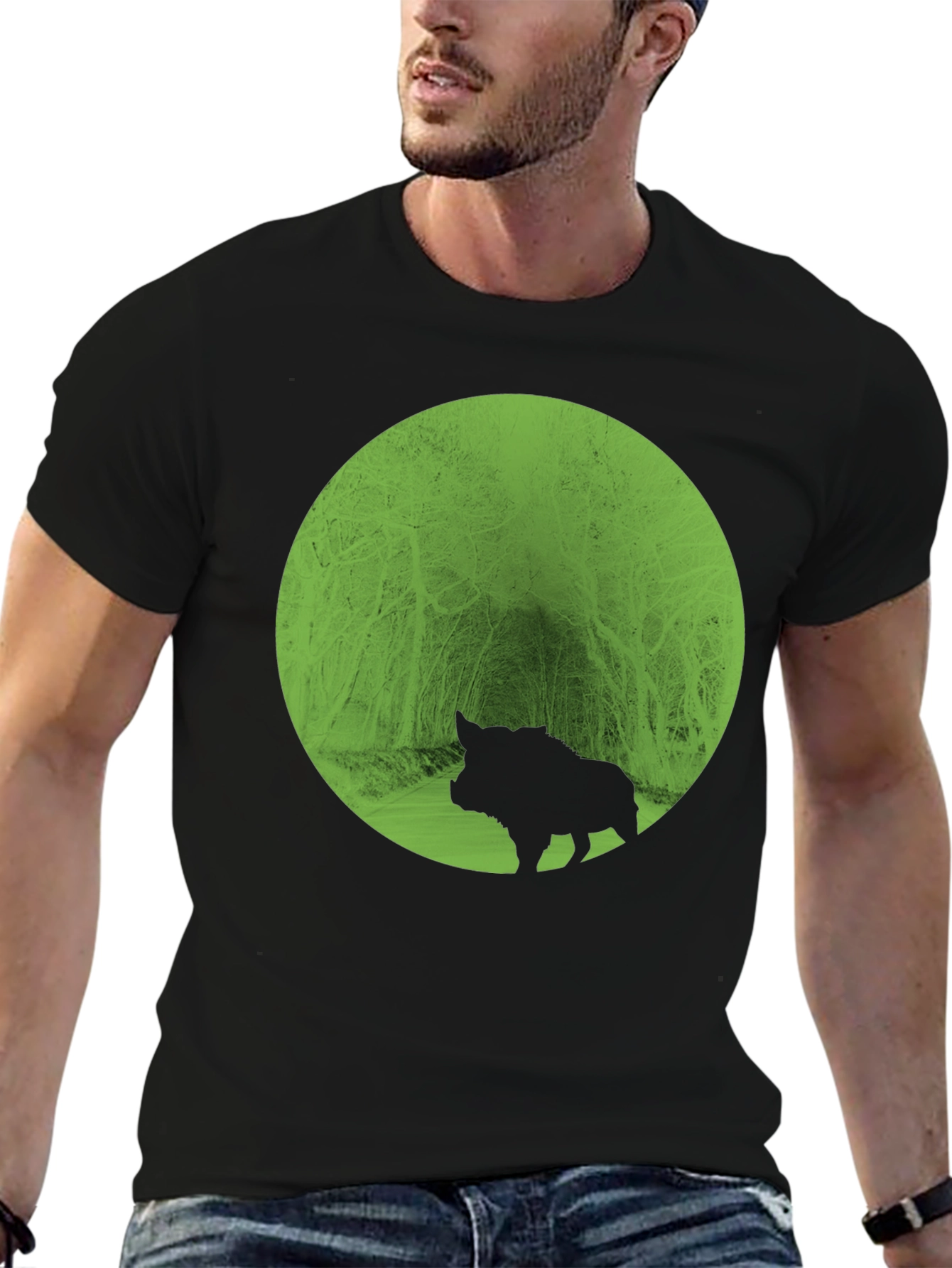 Boar Silhouette Forest Graphic Tee - Black