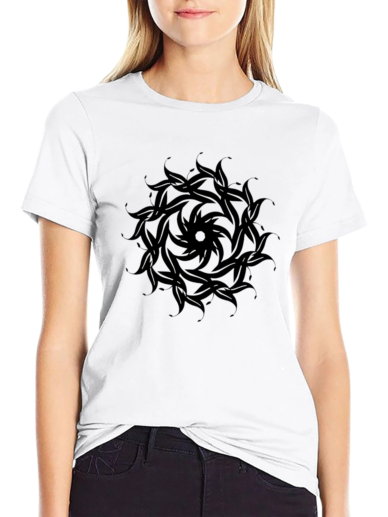 Mens Black Tee with Circular Leaf Design