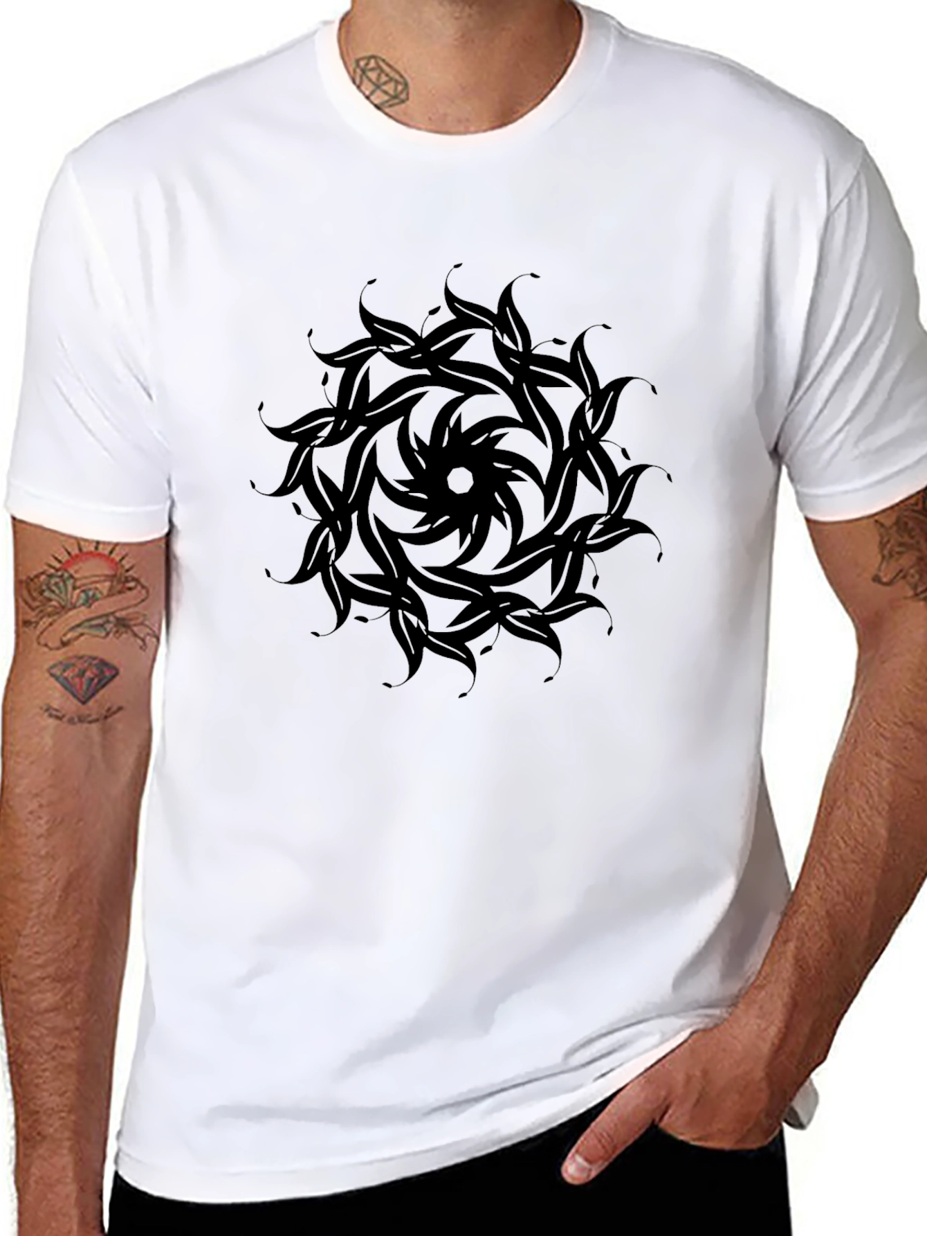 Mens Black Tee with Circular Leaf Design